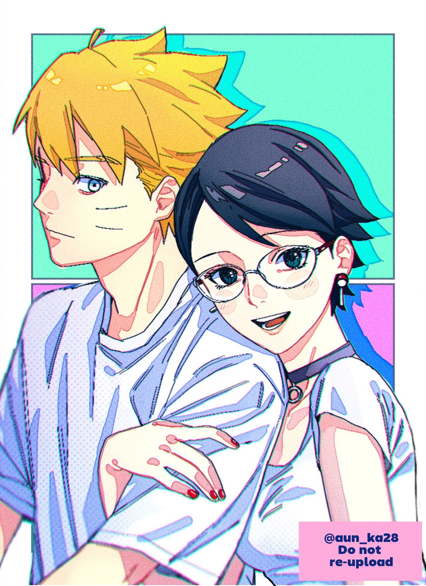onka (aun ka28), uchiha sarada, uzumaki boruto, boruto: two blue vortex, naruto (series), commentary request, highres, 1boy, 1girl, arm hug, black choker, black eyes, black hair, blonde hair, blue eyes, breasts, choker, chromatic aberration, earrings, facial mark, glasses, jewelry, one eye closed, open mouth, red nails, scar, scar across eye, scar on face, shirt, short hair, small breasts, smile, t-shirt, twitter username, uchiha symbol, watermark, whisker markings, white shirt
