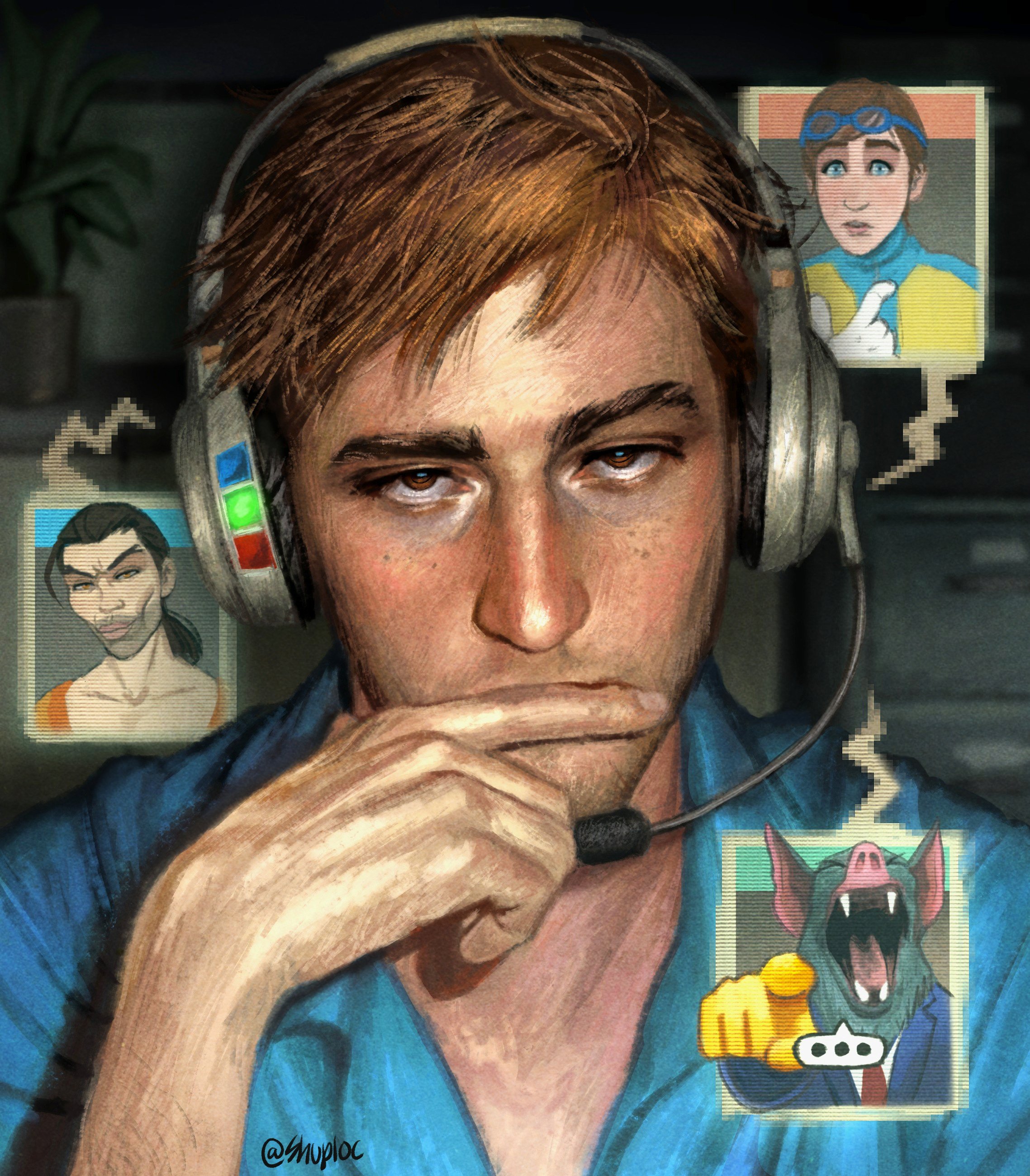 shuploc, flambae (dispatch), robert robertson, sonar (dispatch), waterboy (dispatch), dispatch, absurdres, commentary, english commentary, highres, 4boys, arm up, bat boy, blue eyes, blue shirt, brown eyes, brown hair, cabinet, closed eyes, collared shirt, fangs, file cabinet, goggles, goggles on head, headphones, kazuya guy (meme), laughing cat pointing at you (meme), looking at viewer, male focus, meme, multiple boys, open mouth, plant, potted plant, shirt, twitter username