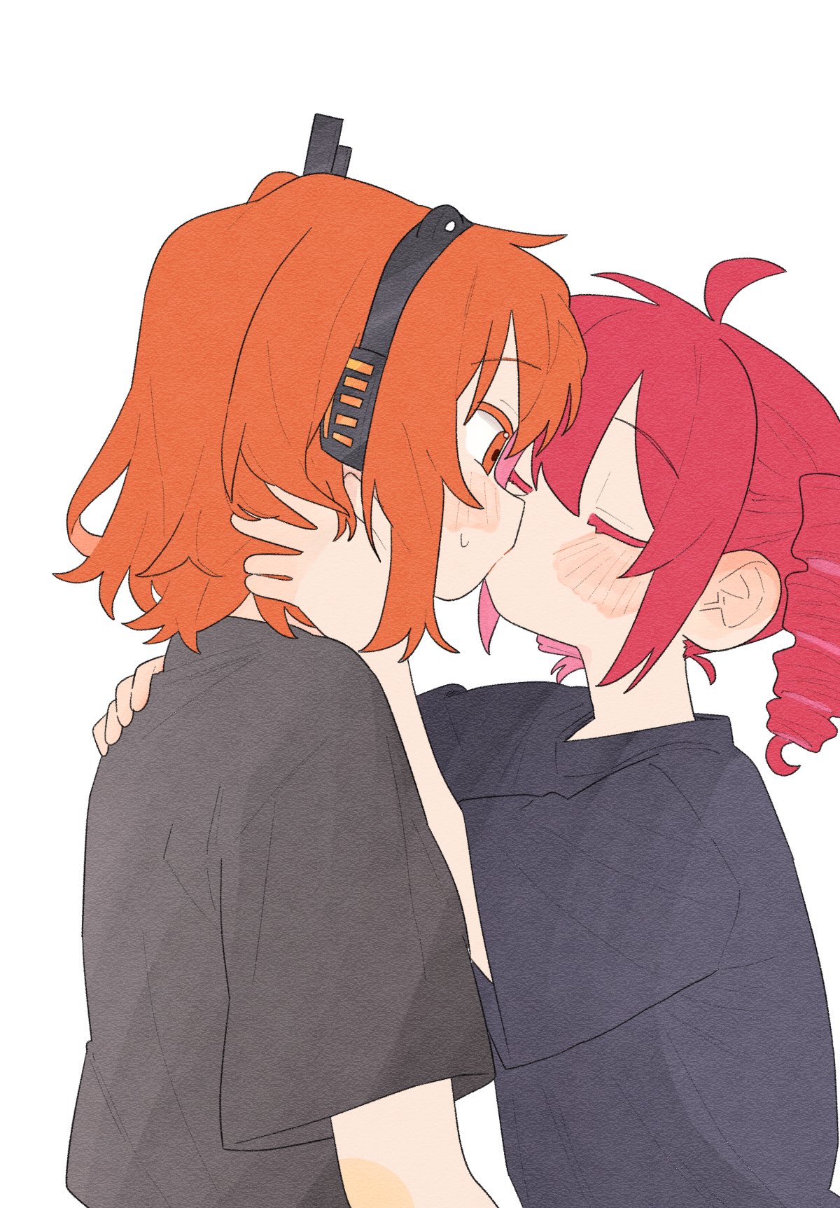 ofo j1, adachi rei, kasane teto, a.i. voice, utau, commentary, hashtag-only commentary, highres, 2girls, black shirt, blush, closed eyes, drill hair, hand on another's neck, hand on another's shoulder, headphones, kiss, medium hair, multiple girls, orange eyes, orange hair, red hair, shirt, short sleeves, simple background, twin drills, white background, yuri