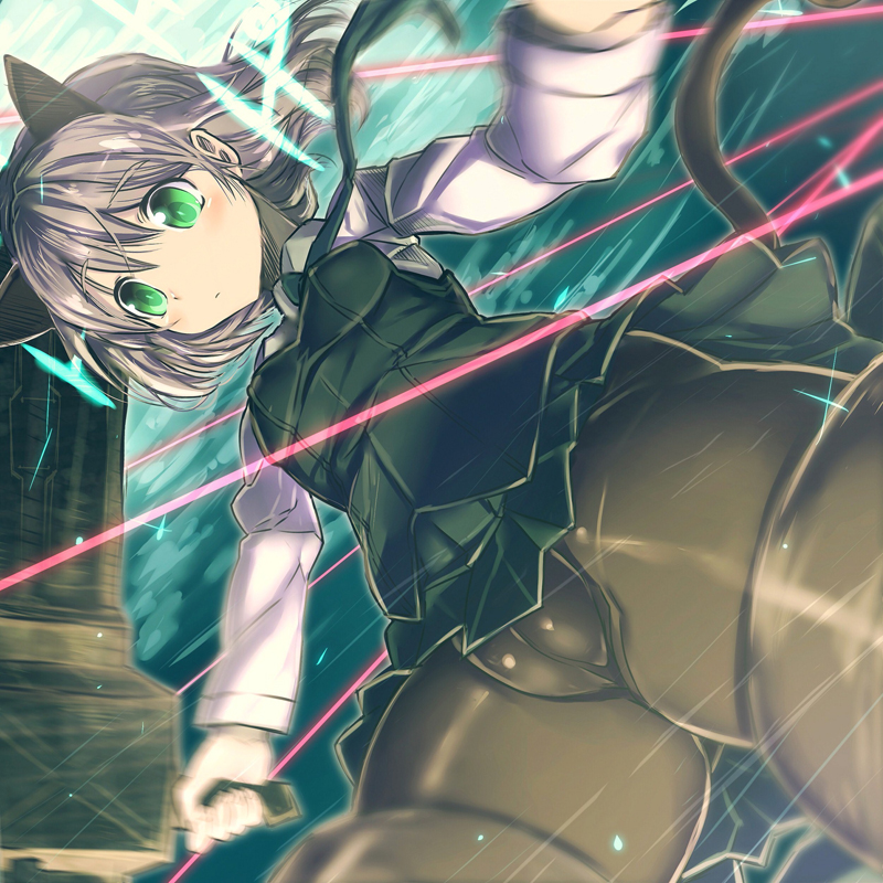 is ii, sanya v. litvyak, strike witches, world witches series, crotch, bad id, bad pixiv id, 00s, 1girl, animal ears, black pantyhose, cameltoe, female focus, green eyes, gun, hirschgeweih antennas, laser, latex, pantyhose, purple hair, solo, weapon