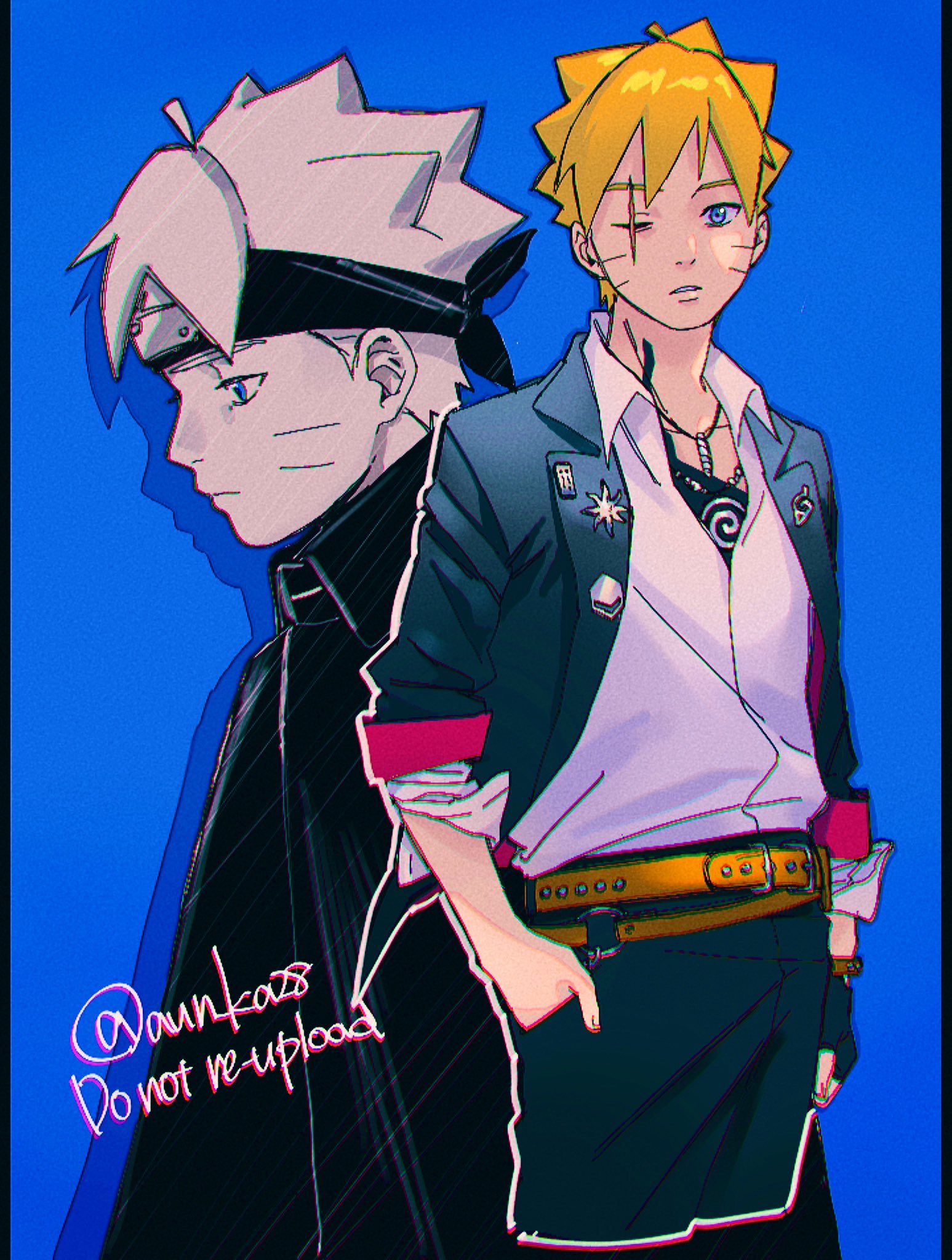 onka (aun ka28), uzumaki boruto, boruto: two blue vortex, naruto (series), commentary request, highres, 1boy, belt, black jacket, blonde hair, blue eyes, brown belt, chromatic aberration, cloak, facial mark, fingerless gloves, forehead protector, frown, gloves, hand in pocket, headband, jacket, jewelry, konohagakure symbol, male focus, necklace, one eye closed, pin, scar, scar across eye, scar on face, single fingerless glove, sleeves rolled up, twitter username, whisker markings
