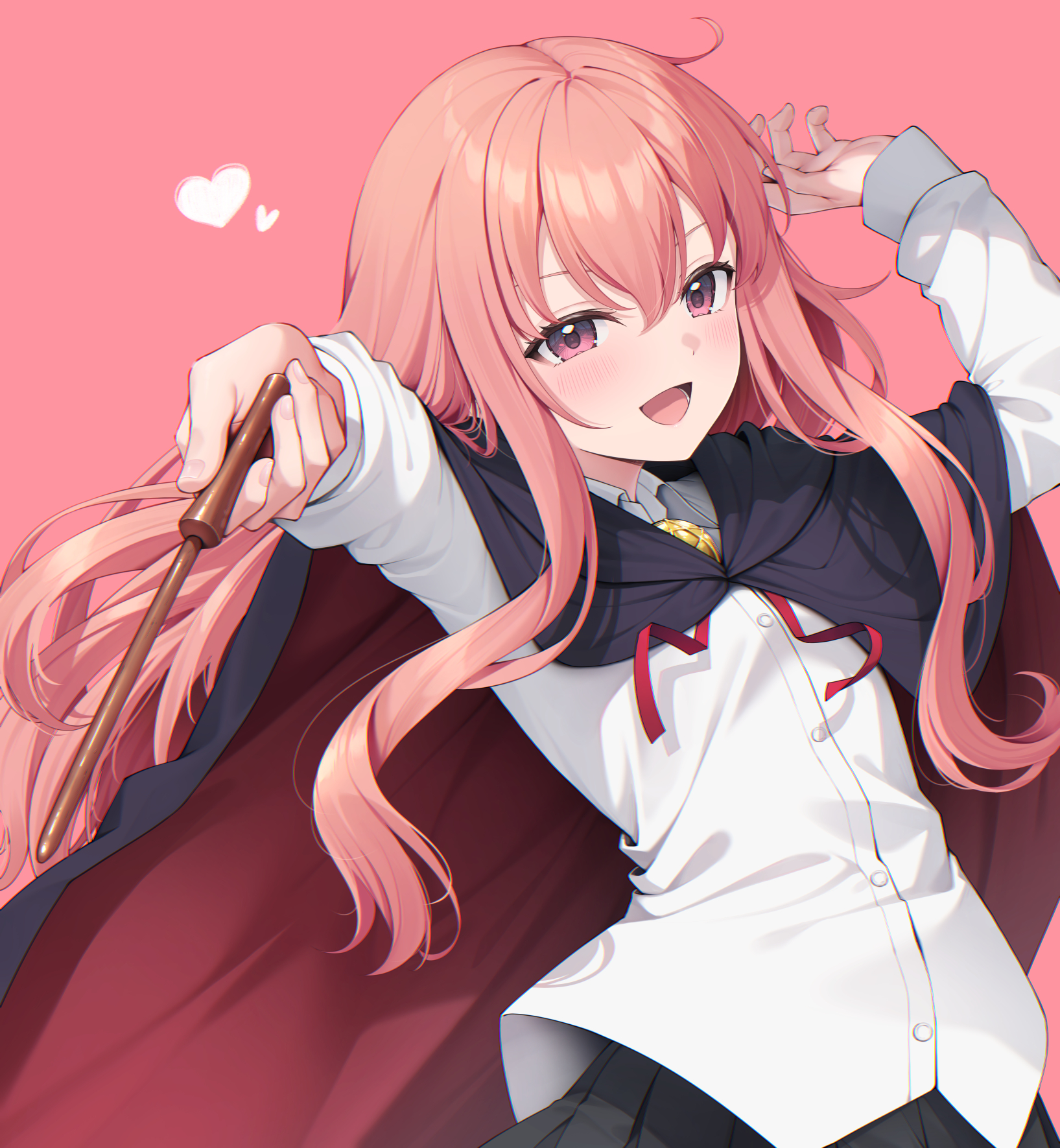 yuuri nayuta, louise francoise le blanc de la valliere, zero no tsukaima, commentary request, highres, 1girl, :d, arm up, black cape, black skirt, bolo tie, cape, heart, holding, holding wand, long hair, long sleeves, looking at viewer, open mouth, outstretched arm, pink background, pink eyes, pink hair, pleated skirt, red cape, red ribbon, ribbon, school uniform, shirt, skirt, smile, solo, two-sided cape, two-sided fabric, upper body, wand, white shirt
