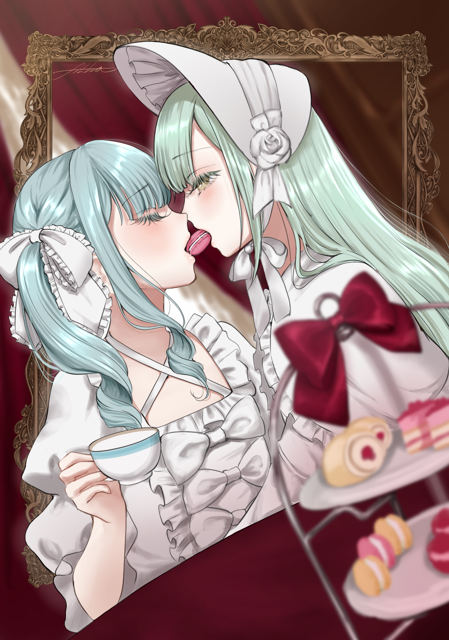 filha, togawa sakiko, wakaba mutsumi, bang dream!, bang dream! it's mygo!!!!!, commentary, english commentary, highres, 2girls, blue hair, bonnet, closed eyes, cup, curtains, dress, dutch angle, food, green hair, hair ribbon, holding, holding cup, lolita fashion, long hair, macaron, mouth hold, multiple girls, ribbon, sharing food, table, tea party, teacup, tiered tray, twintails, white bonnet, white dress, white ribbon, yellow eyes, yuri