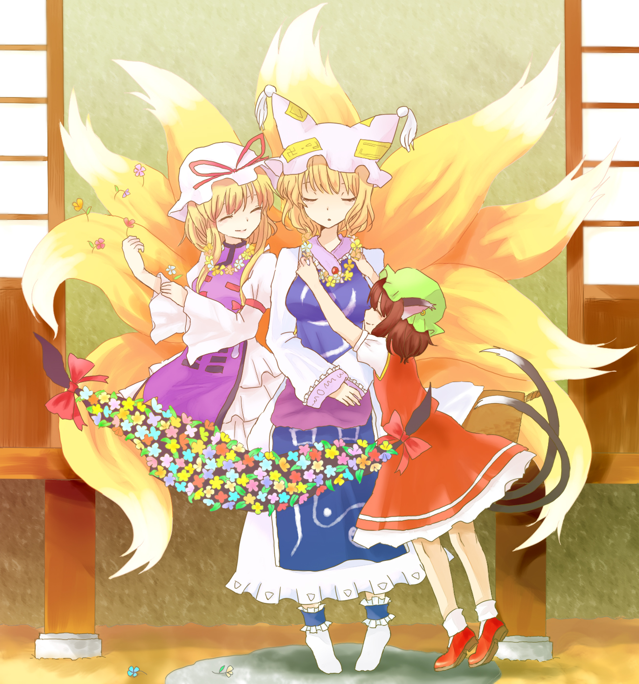 mozukuzu (manukedori), chen, yakumo ran, yakumo yukari, touhou, highres, 3girls, animal ears, animal hat, blonde hair, bow, brown hair, cat ears, cat girl, cat tail, closed eyes, earrings, female focus, flower, fox tail, gap (touhou), happy, hat, hat ribbon, jewelry, kitsune, kyuubi, long sleeves, mob cap, multiple girls, multiple tails, ribbon, shoes, short hair, short sleeves, sitting, smile, socks, tail, tassel, tiptoes, veranda, wide sleeves, wreath