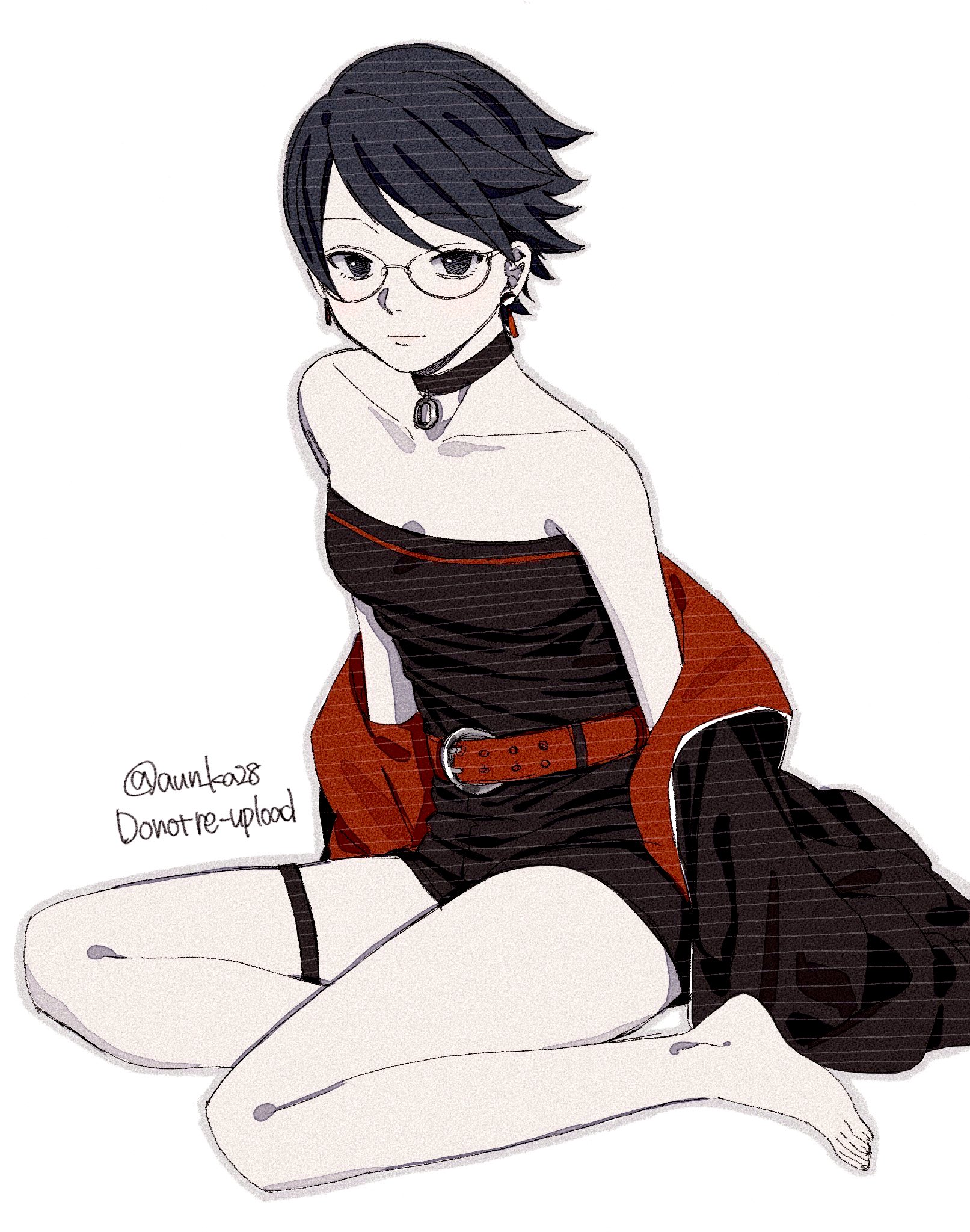onka (aun ka28), uchiha sarada, boruto: two blue vortex, naruto (series), commentary request, highres, 1girl, bare shoulders, barefoot, black choker, black eyes, black hair, black jacket, black romper, breasts, choker, cleavage, collarbone, earrings, full body, glasses, jacket, jewelry, romper, short hair, sitting, small breasts, solo, thigh strap, twitter username, two-sided fabric, watermark, yokozuwari