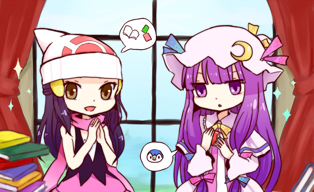 mozukuzu (manukedori), dawn (pokemon), patchouli knowledge, piplup, nintendo, perfect cherry blossom, pokemon, pokemon adventures, touhou, bad id, bad pixiv id, 2girls, beanie, blue hair, book, crossover, gen 4 pokemon, hat, holding, holding poke ball, jewelry, long hair, multiple girls, open book, poke ball, pokemon (creature), purple eyes, purple hair, ring, scarf, sparkle, spoken object, yellow eyes