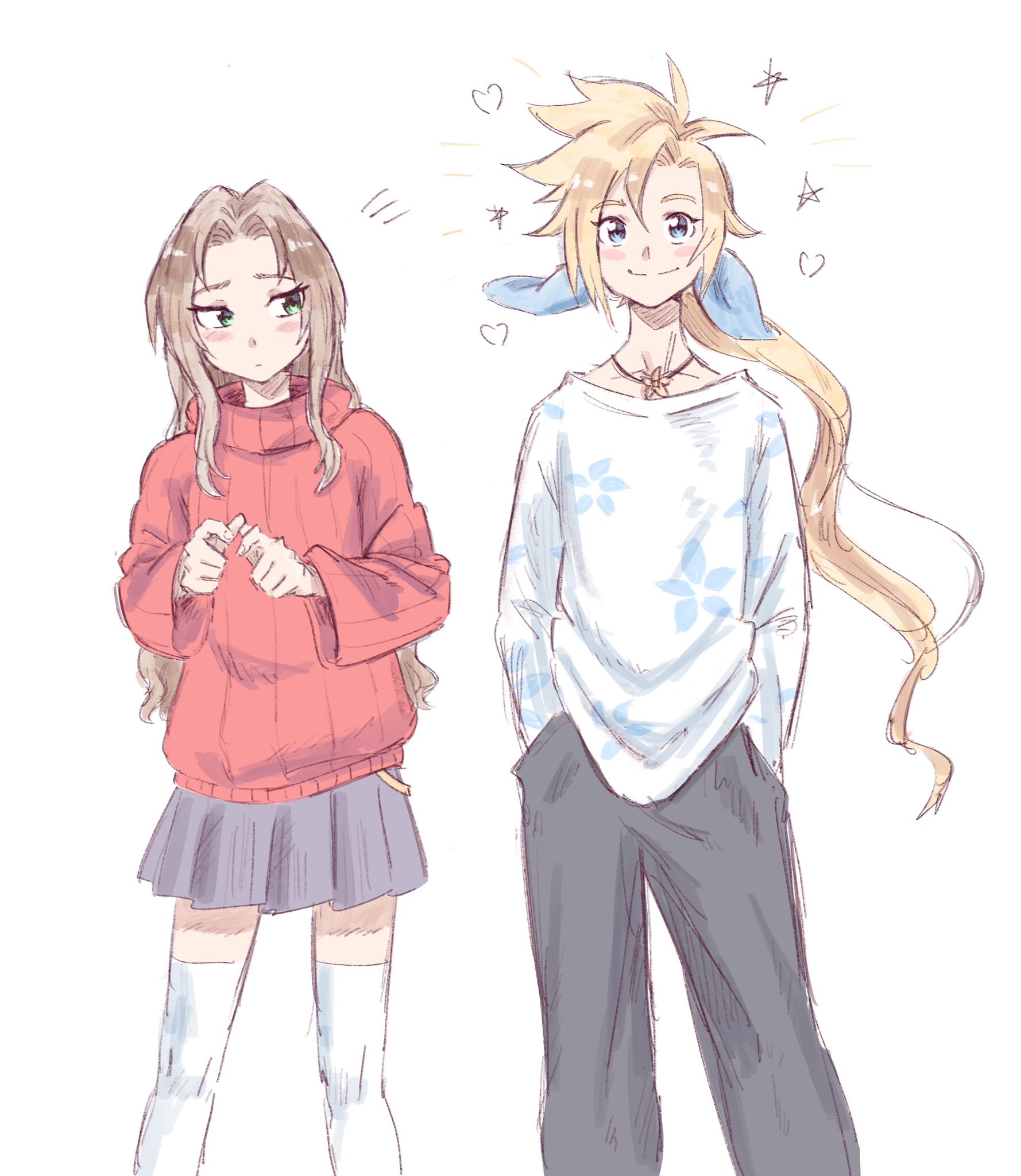 bervens12, aerith gainsborough, cloud strife, final fantasy, final fantasy vii, highres, 1boy, 1girl, alternate costume, blue eyes, blue ribbon, blush stickers, brown hair, choker, cowboy shot, flower choker, green eyes, grey pants, grey skirt, hair between eyes, hair ribbon, hands in pockets, long hair, looking at another, pants, parted bangs, pink sweater, pleated skirt, ponytail, reincarnation, ribbon, shirt, sidelocks, skirt, smile, spiked hair, sweater, thighhighs, white background, white shirt, white thighhighs