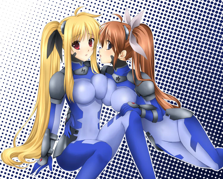 467 (artist), fate testarossa, numbers (nanoha), takamachi nanoha, lyrical nanoha, mahou shoujo lyrical nanoha, mahou shoujo lyrical nanoha strikers, bad id, bad pixiv id, 2girls, asymmetrical docking, bodysuit, breast press, breasts, cosplay, large breasts, long hair, multiple girls, ponytail, side ponytail, transformation, very long hair