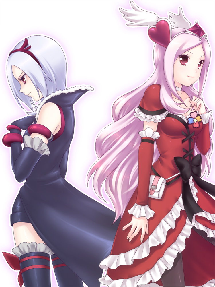 usashiro mani, cure passion, eas (fresh precure!), higashi setsuna, fresh precure!, futari wa precure, precure, silver hair, bad id, bad pixiv id, duplicate, spoilers, third-party edit, 00s, 2girls, barefoot, black hair, bow, choker, detached sleeves, dress, dual persona, elbow gloves, feet, frills, gloves, hair ornament, hairband, head wings, heart, heart hair ornament, kneeling, long hair, magical girl, multiple girls, multiple persona, pink hair, red dress, red eyes, short hair, sitting, thighhighs, waist bow, white choker, wings