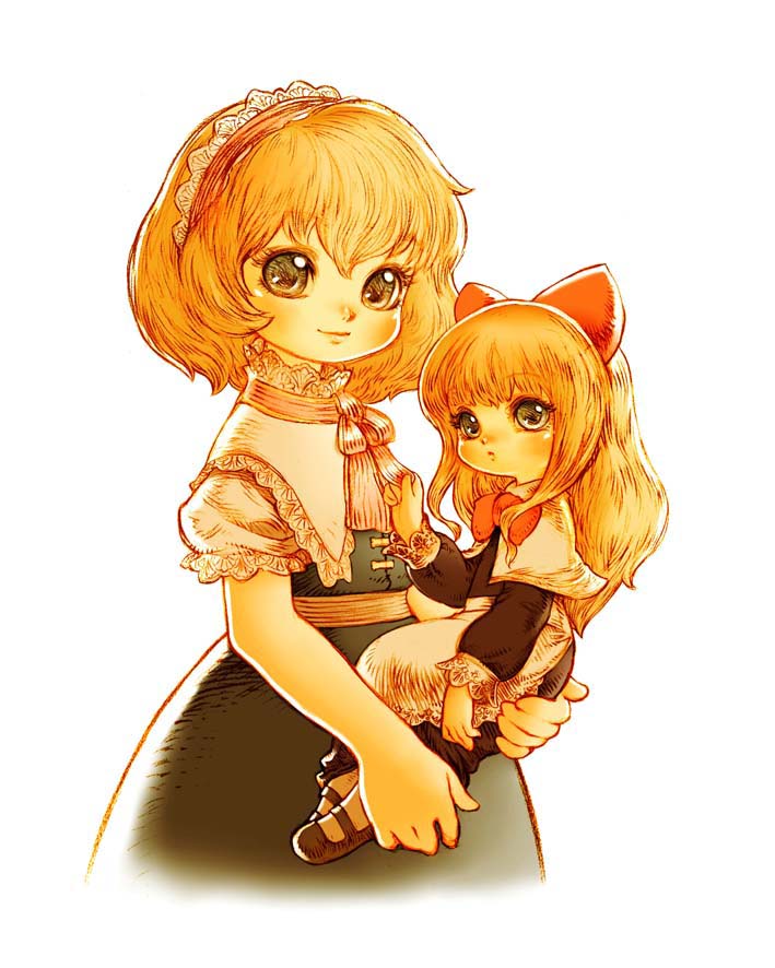 souri, alice margatroid, shanghai doll, touhou, bad id, bad pixiv id, 2girls, blonde hair, carrying, doll, female focus, hairband, long hair, multiple girls, short hair, simple background