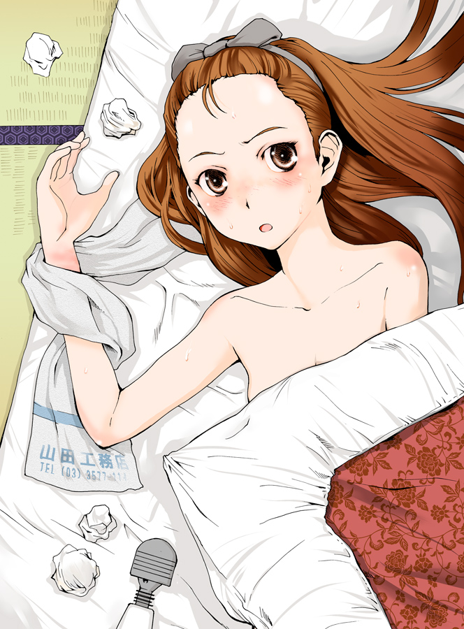 tamaoki benkyou, minase iori, idolmaster, idolmaster (classic), bad id, bad pixiv id, 00s, 1girl, bed sheet, blush, bow, brown hair, female focus, forehead, futon, hair bow, hair ribbon, hitachi magic wand, long hair, naked sheet, nude, ribbon, sex toy, solo, sweat, tissue, towel, vibrator