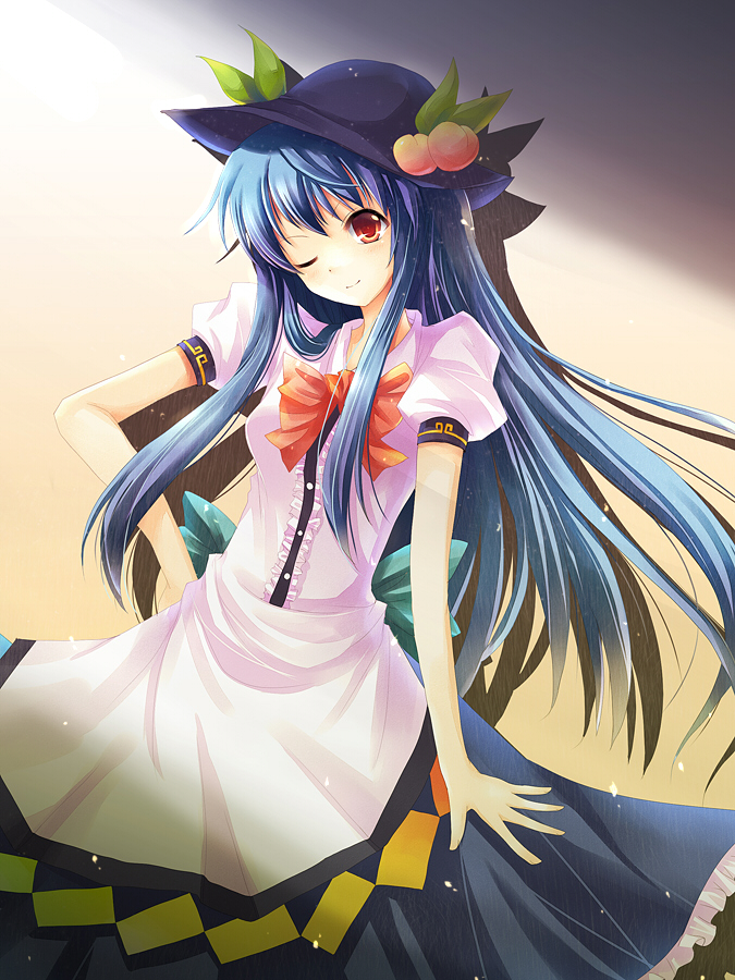 vienri, hinanawi tenshi, touhou, 1girl, blue hair, female focus, food, fruit, hand on own hip, hat, hip focus, long hair, peach, smile, solo, wink