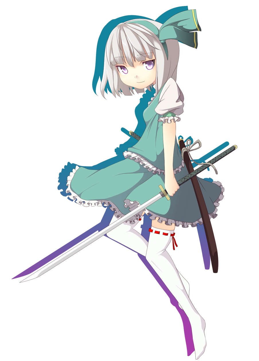 akeboshi kagayo, konpaku youmu, touhou, silver hair, highres, 1girl, aqua vest, female focus, full body, hairband, purple eyes, short hair, solo, standing, sword, thighhighs, transparent background, vest, weapon, zettai ryouiki