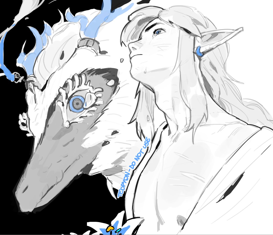 pyonteo, light dragon (zelda), link, princess zelda, nintendo, the legend of zelda, the legend of zelda: breath of the wild, the legend of zelda: tears of the kingdom, spoilers, artist name, black background, blue eyes, blue flower, crying, dragon, dragon horns, earrings, flower, horns, jewelry, long hair, pointy ears, sidelocks, silent princess, swept bangs, tears, upper body