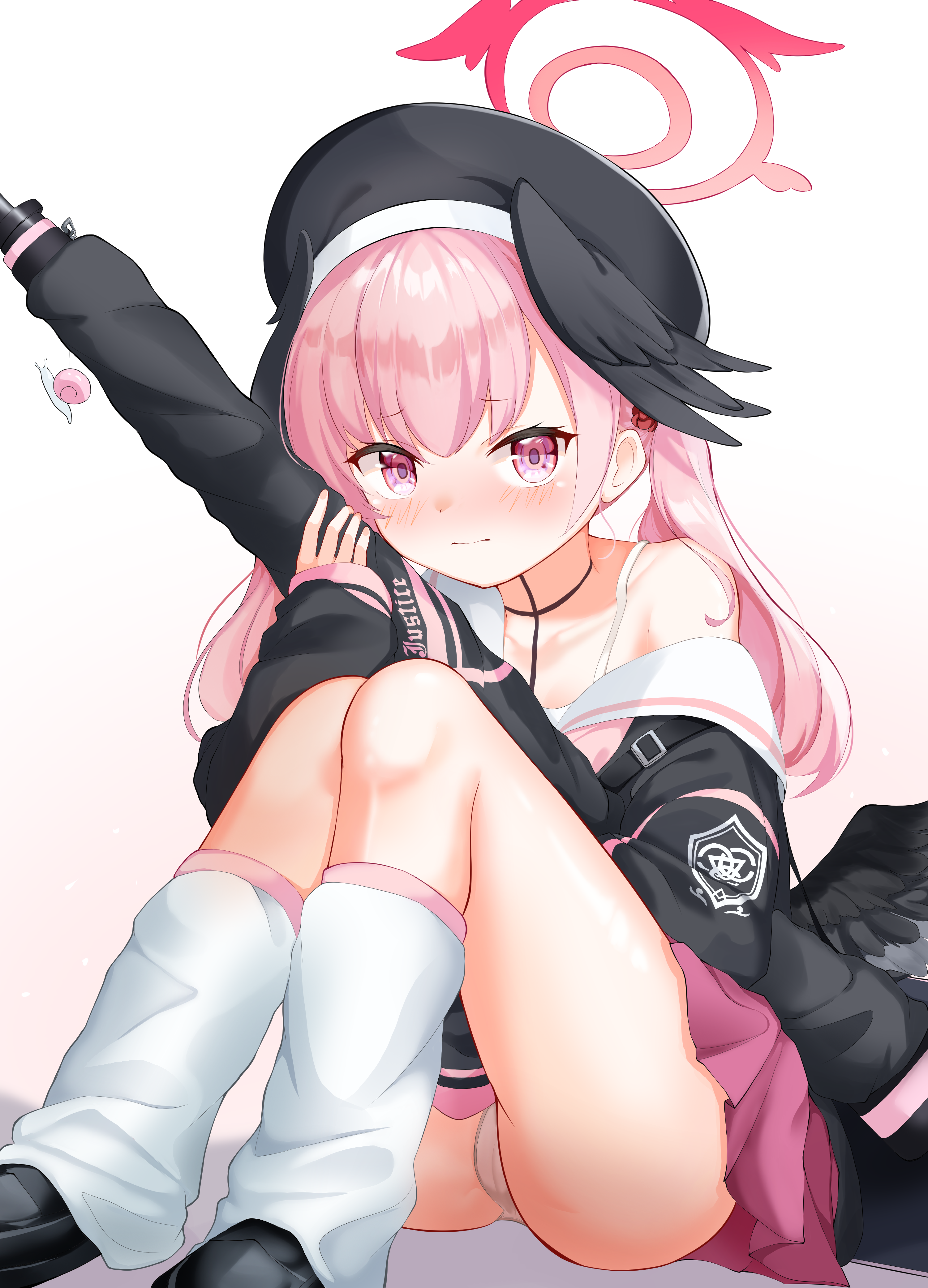 yoowaru, koharu (blue archive), blue archive, absurdres, commentary, highres, 1girl, 3:, beret, black choker, black hat, black shirt, black shoes, black wings, blush, bolt action, cameltoe, choker, closed mouth, collarbone, embarrassed, eyelashes, feathered wings, full body, furrowed brow, gun, hair between eyes, halo, hat, head wings, holding, holding gun, holding weapon, knees up, long hair, looking at viewer, loose socks, low wings, miniskirt, nose blush, p14 enfield, panties, pink eyes, pink hair, pink skirt, pleated skirt, red halo, rifle, sailor collar, school uniform, serafuku, shirt, shoes, simple background, single bare shoulder, sitting, skirt, sleeves past wrists, socks, solo, thighs, twintails, underwear, weapon, white background, white panties, white sailor collar, white socks, wings