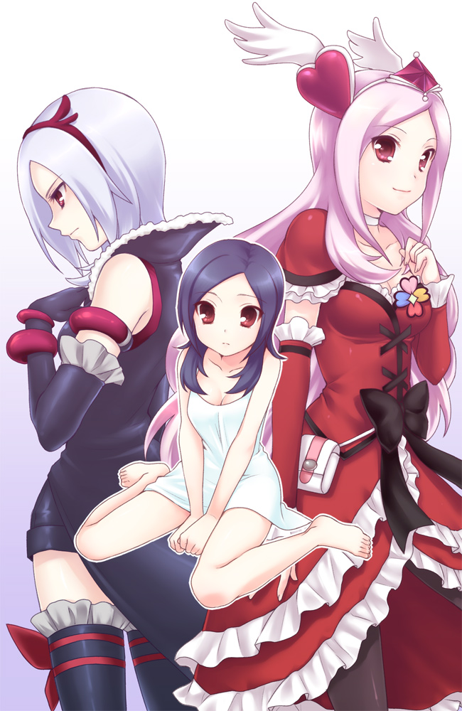 usashiro mani, cure passion, eas (fresh precure!), higashi setsuna, fresh precure!, futari wa precure, precure, silver hair, bad id, bad pixiv id, duplicate, spoilers, 00s, 1girl, barefoot, black hair, bow, choker, detached sleeves, dress, elbow gloves, feet, frills, gloves, hair ornament, hairband, head wings, heart, heart hair ornament, kneeling, long hair, magical girl, multiple persona, pink hair, red dress, red eyes, short hair, sitting, thighhighs, waist bow, white choker, wings