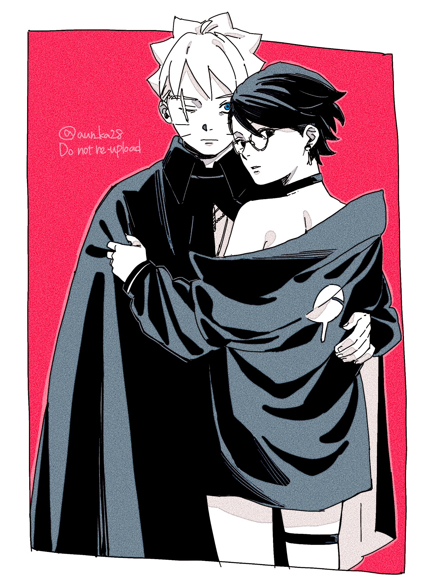 onka (aun ka28), uchiha sarada, uzumaki boruto, boruto: two blue vortex, naruto (series), commentary, highres, 1boy, 1girl, arm around waist, bare shoulders, blue eyes, cloak, clothes grab, expressionless, facial mark, glasses, greyscale with colored background, jacket, looking back, one eye closed, scar, scar across eye, scar on face, short hair, spot color, thigh strap, twitter username, uchiha symbol, whisker markings
