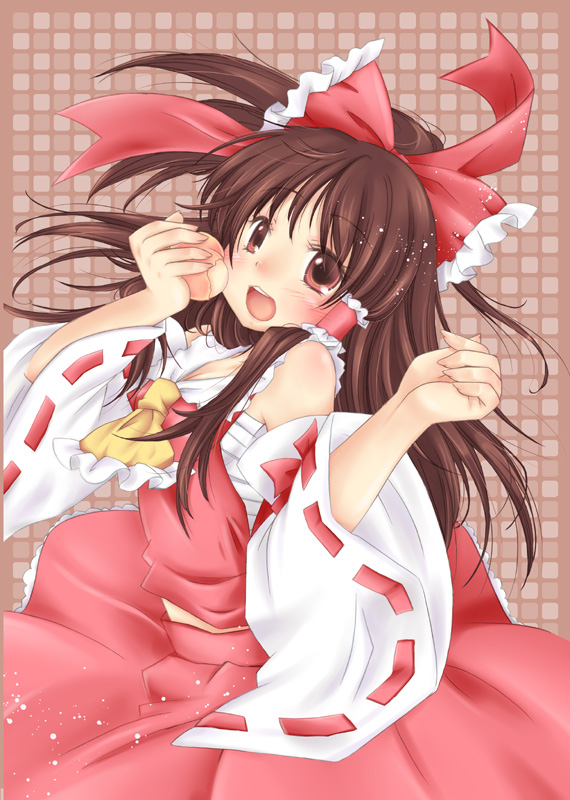 kilkennycat, hakurei reimu, touhou, 1girl, bare shoulders, bow, brown eyes, brown hair, detached sleeves, eating, female focus, food, fruit, hair bow, holding, holding food, holding fruit, japanese clothes, long hair, miko, peach, sarashi, solo