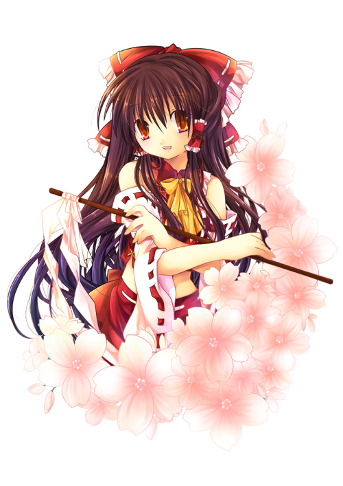 anna (small night), hane (x20285), hakurei reimu, touhou, 1girl, bow, female focus, flower, gohei, long hair, ribbon-trimmed bow, ribbon trim, solo, very long hair, white background