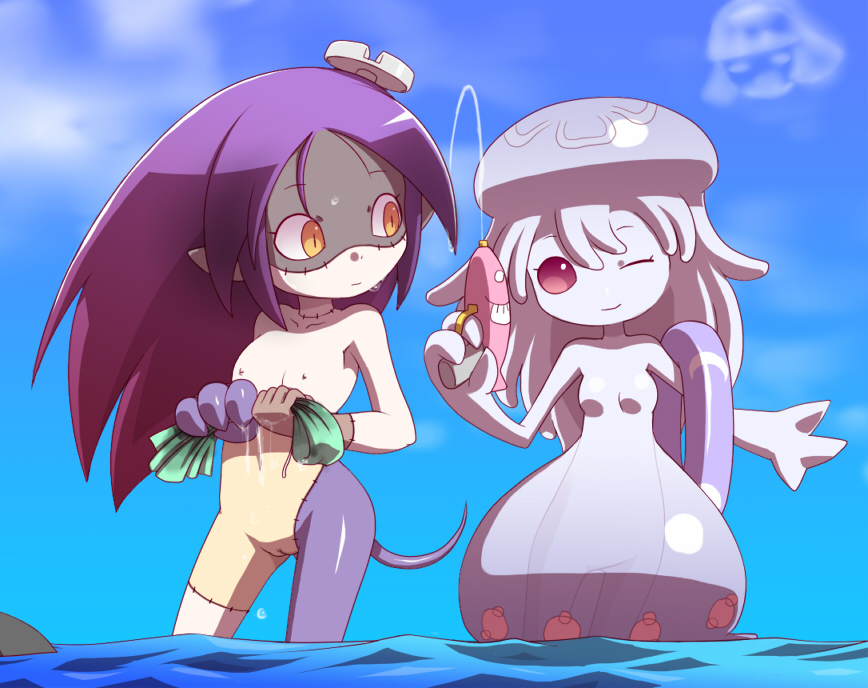 nollety, source request, 2girls, beach, breasts, cameltoe, day, flat chest, innertube, jellyfish, jellyfish girl, loli, long hair, monster girl, multiple girls, nude, one eye closed, outdoors, pink eyes, pointy ears, purple hair, scar, screw, sky, small breasts, smile, stitches, swim ring, tail, uncensored, wading, water, water gun, wink, yellow eyes, zombie, zombie girl