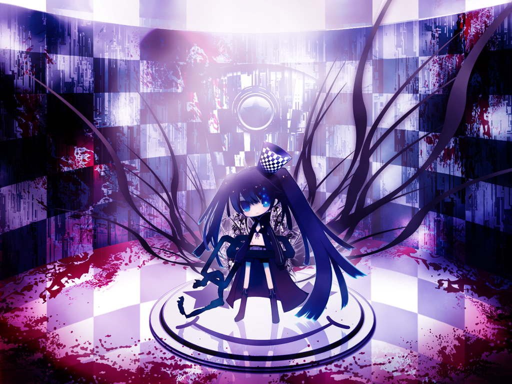 puti devil, black rock shooter (character), black rock shooter, + +, 10s, 1girl, belt, bikini, bikini top only, black hair, blood, blue eyes, boots, chain, checkered floor, chibi, coat, female focus, flat chest, front-tie top, gloves, glowing, glowing eyes, goth fashion, hat, hood, hooded jacket, jacket, knee boots, long hair, midriff, pale skin, scar, shorts, smiley face, solo, star (symbol), swimsuit, twintails, uneven twintails, very long hair