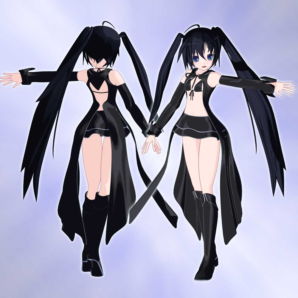 pilon, piron (777), black rock shooter (character), black rock shooter, 10s, 1girl, 3d, ahoge, alternate costume, bikini, bikini top only, black hair, blue eyes, boots, flat chest, front-tie top, gloves, laughing, long hair, skirt, swimsuit
