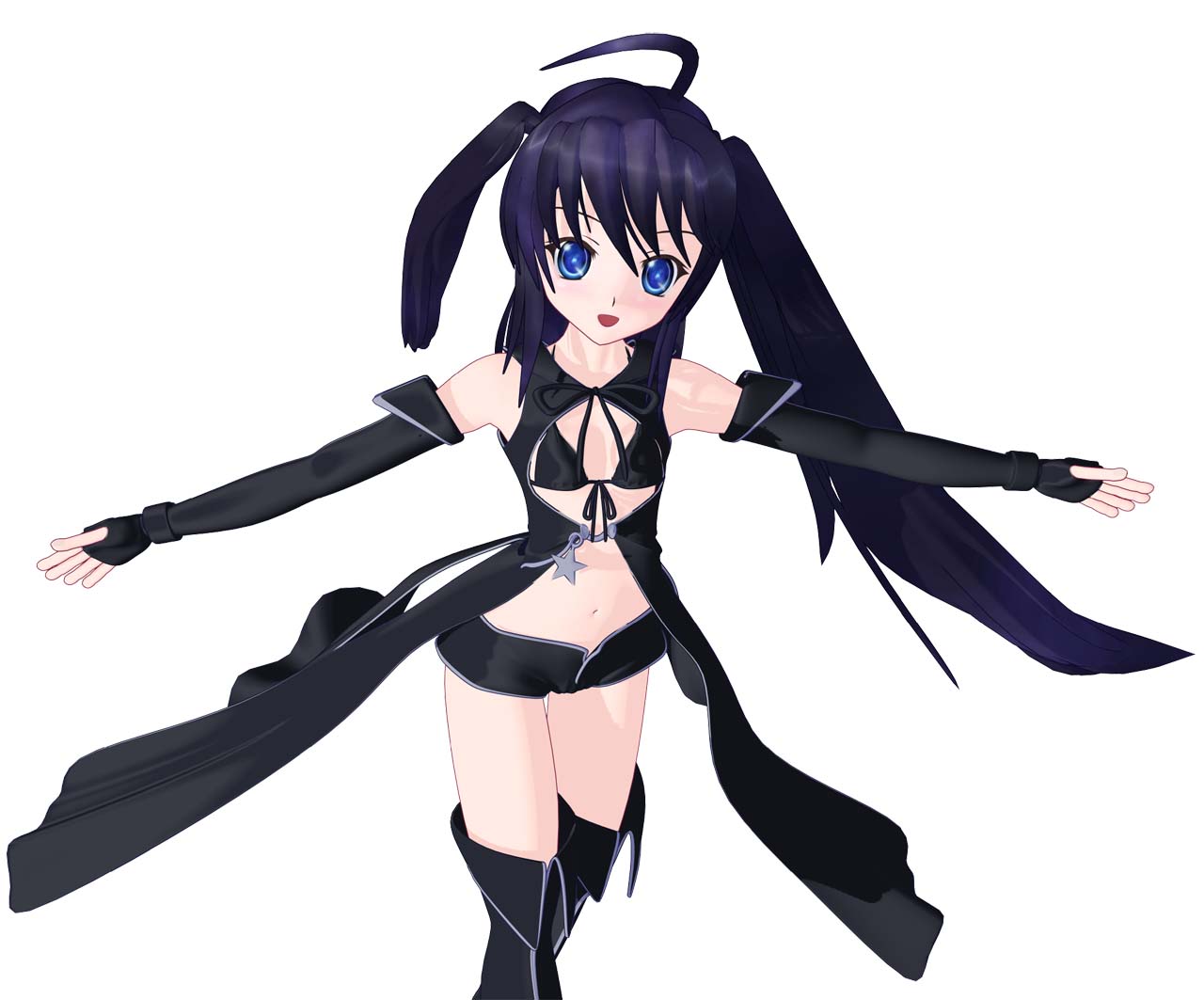pilon, piron (777), black rock shooter (character), black rock shooter, 10s, 1girl, 3d, ahoge, alternate costume, bikini, black bikini, black hair, blue eyes, boots, female focus, flat chest, gloves, laughing, long hair, solo, swimsuit