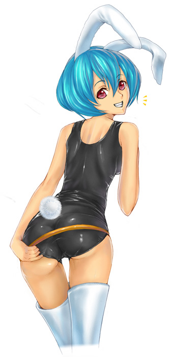 task (artist), chiester410, umineko no naku koro ni, bad id, bad pixiv id, 00s, animal ears, ass, black one-piece swimsuit, blue hair, looking back, old school swimsuit, one-piece swimsuit, playboy bunny swimsuit, rabbit ears, red eyes, school swimsuit, smile, solo, swimsuit, thighhighs