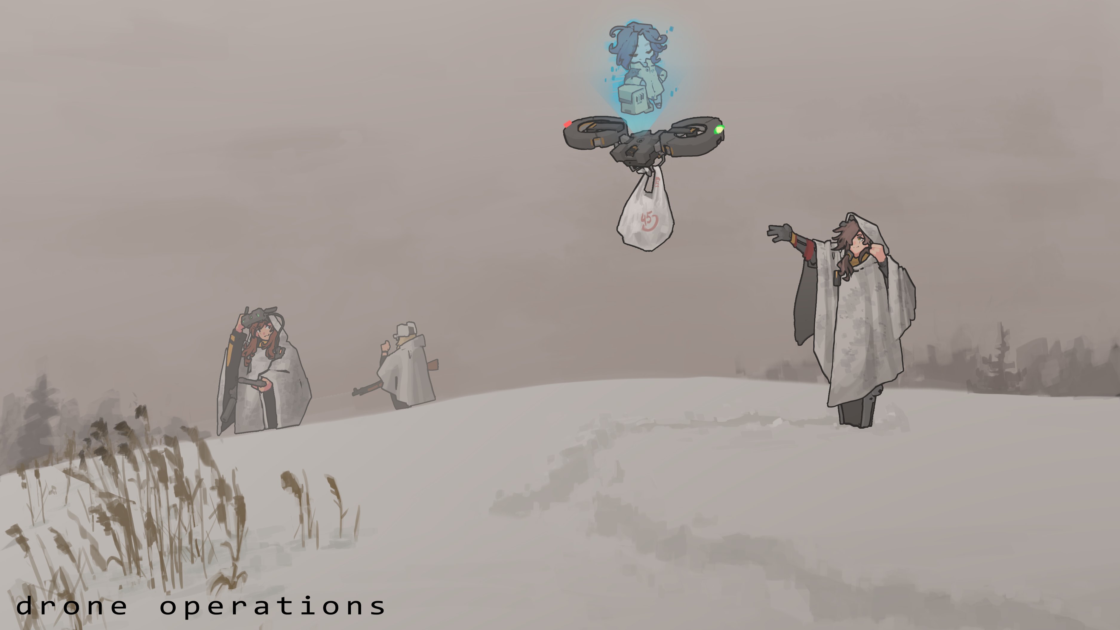 gnom na korable, fairy (girls' frontline), mosin-nagant (girls' frontline), mosin-nagant (mod3) (girls' frontline), ump45 (girls' frontline), ump45 (mod3) (girls' frontline), ump9 (girls' frontline), ump9 (mod3) (girls' frontline), girls' frontline, absurdres, character request, check character, commentary, english commentary, highres, 3girls, 4girls, adjusting clothes, adjusting headwear, arm up, bag, blonde hair, bolt action, brown hair, cape, closed mouth, day, drone, english text, flying, full body, gun, hat, holding, hologram, long hair, looking at another, mechanical arms, mosin-nagant, multiple girls, night vision device, outdoors, rifle, single mechanical arm, smile, ushanka, weapon, white cape