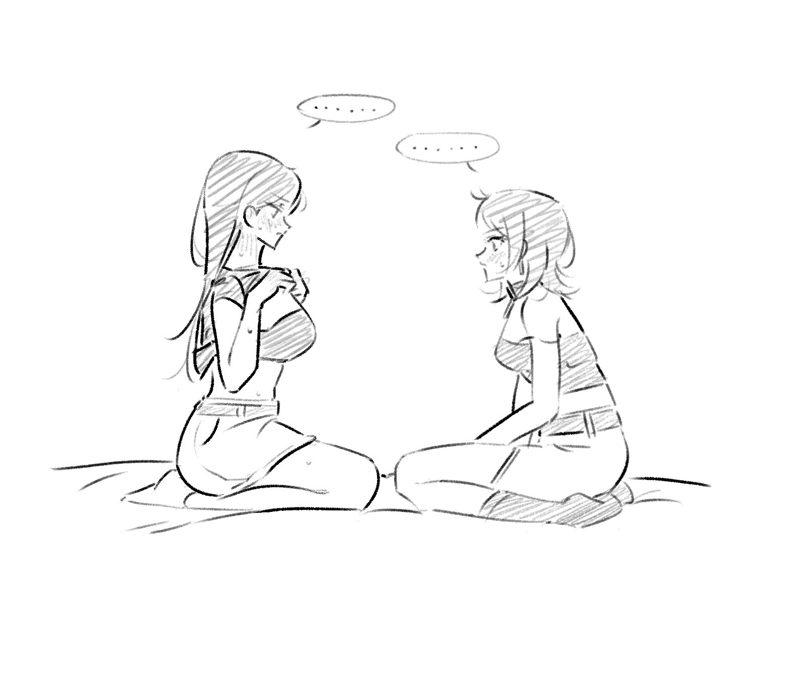 eoljukko, shiina taki, yahata umiri, bang dream!, bang dream! it's mygo!!!!!, commentary request, highres, korean commentary, …, 2girls, belt, blush, bra, greyscale, long hair, looking at another, medium hair, monochrome, multiple girls, neck blush, seiza, sitting, skirt, socks, spaghetti strap, spoken ellipsis, strap slip, sweat, underwear, undressing, yuri