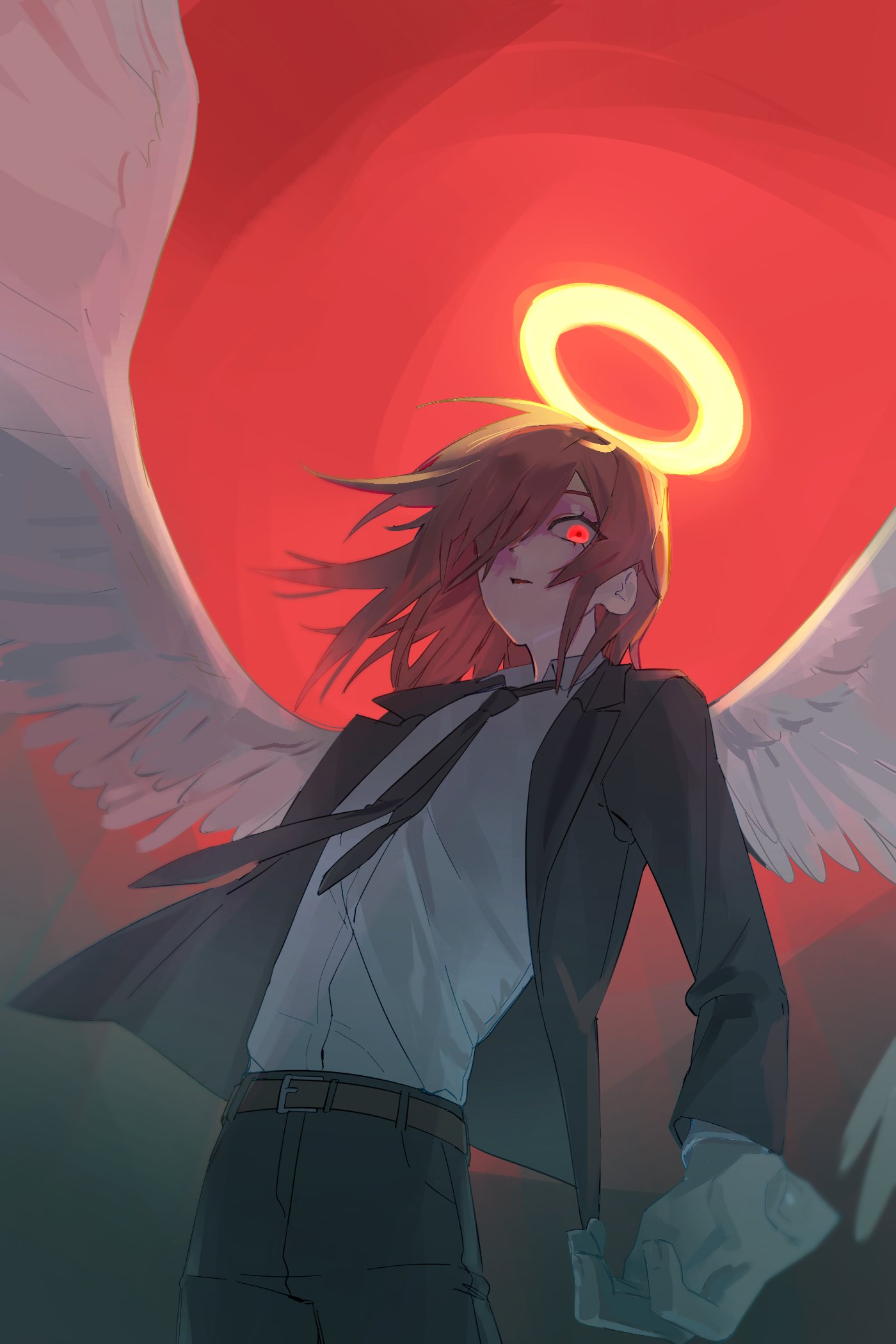 angel devil (chainsaw man), chainsaw man, highres, korean commentary, 1boy, angel, angel wings, arm at side, belt, belted pants, black jacket, black necktie, black pants, black suit, brown belt, cowboy shot, floating hair, foreshortening, formal clothes, from below, glowing, glowing eye, glowing halo, hair over one eye, halo, hpop 3, jacket, lapels, long hair, long sleeves, looking at viewer, looking down, male focus, necktie, notched lapels, open clothes, open jacket, orange hair, overlighting, pants, parted lips, reaching, reaching towards viewer, red background, red eyes, red sky, shirt, sidelocks, sitting, sky, solo, spread wings, standing, suit, suit jacket, sway back, trap, two-tone background, white shirt, white wings, wind, wing collar, wings, yellow halo