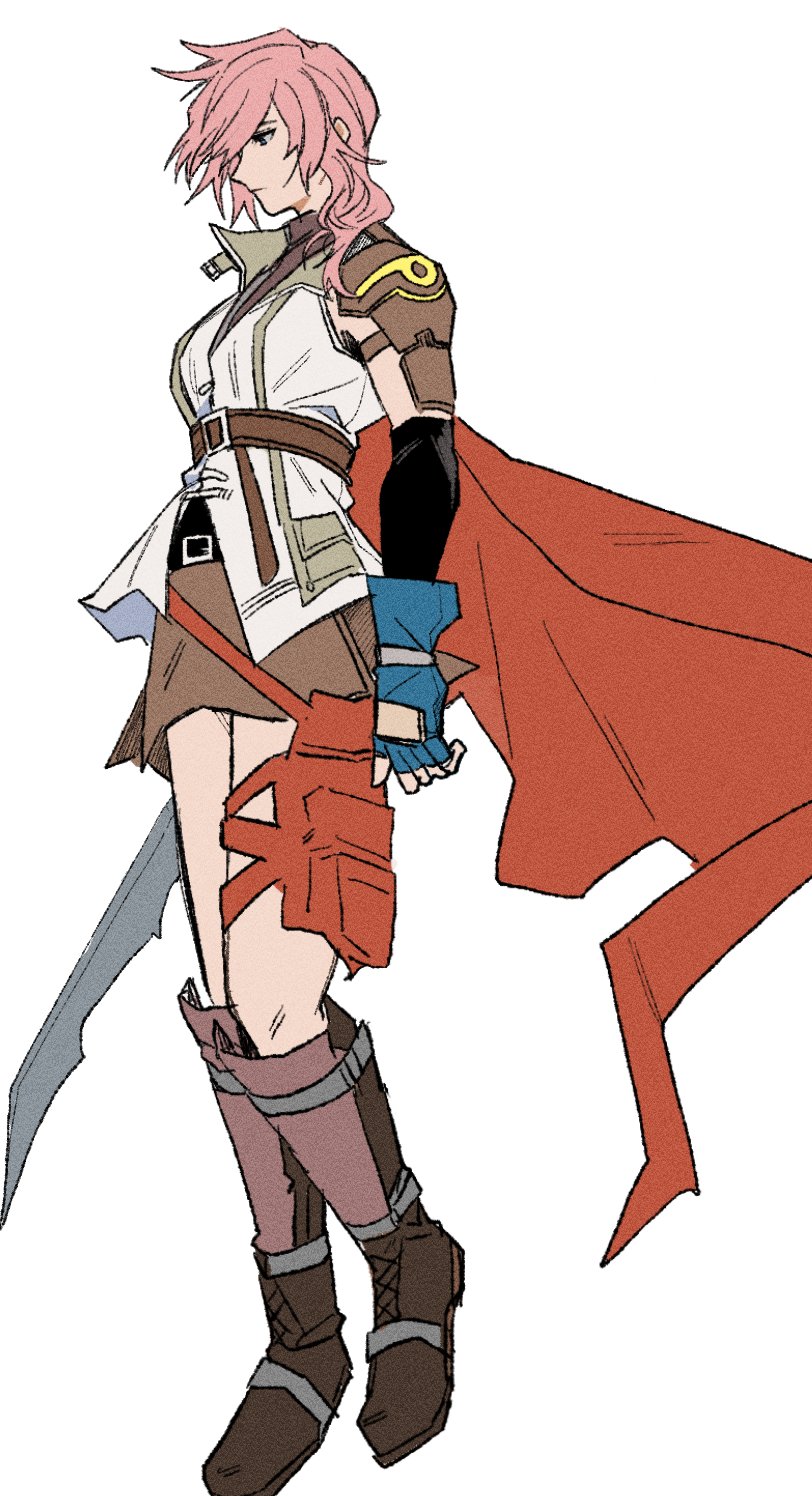 garbage paper, lightning farron, final fantasy, final fantasy xiii, highres, 1girl, black gloves, blue gloves, boots, breasts, brown boots, brown skirt, cape, closed mouth, elbow gloves, fingerless gloves, full body, gloves, hair over one eye, holding, holding weapon, medium breasts, miniskirt, pink hair, pouch, red cape, single elbow glove, single shoulder pad, single sidelock, skirt, solo, thigh pouch, vest, wavy hair, weapon, white background, white vest