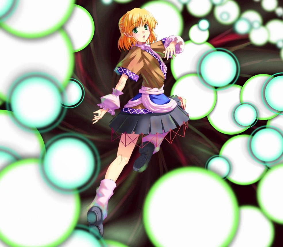 guang, mizuhashi parsee, touhou, bad id, bad pixiv id, 1girl, arm warmers, blonde hair, danmaku, female focus, green eyes, pointy ears, scarf, short hair, solo