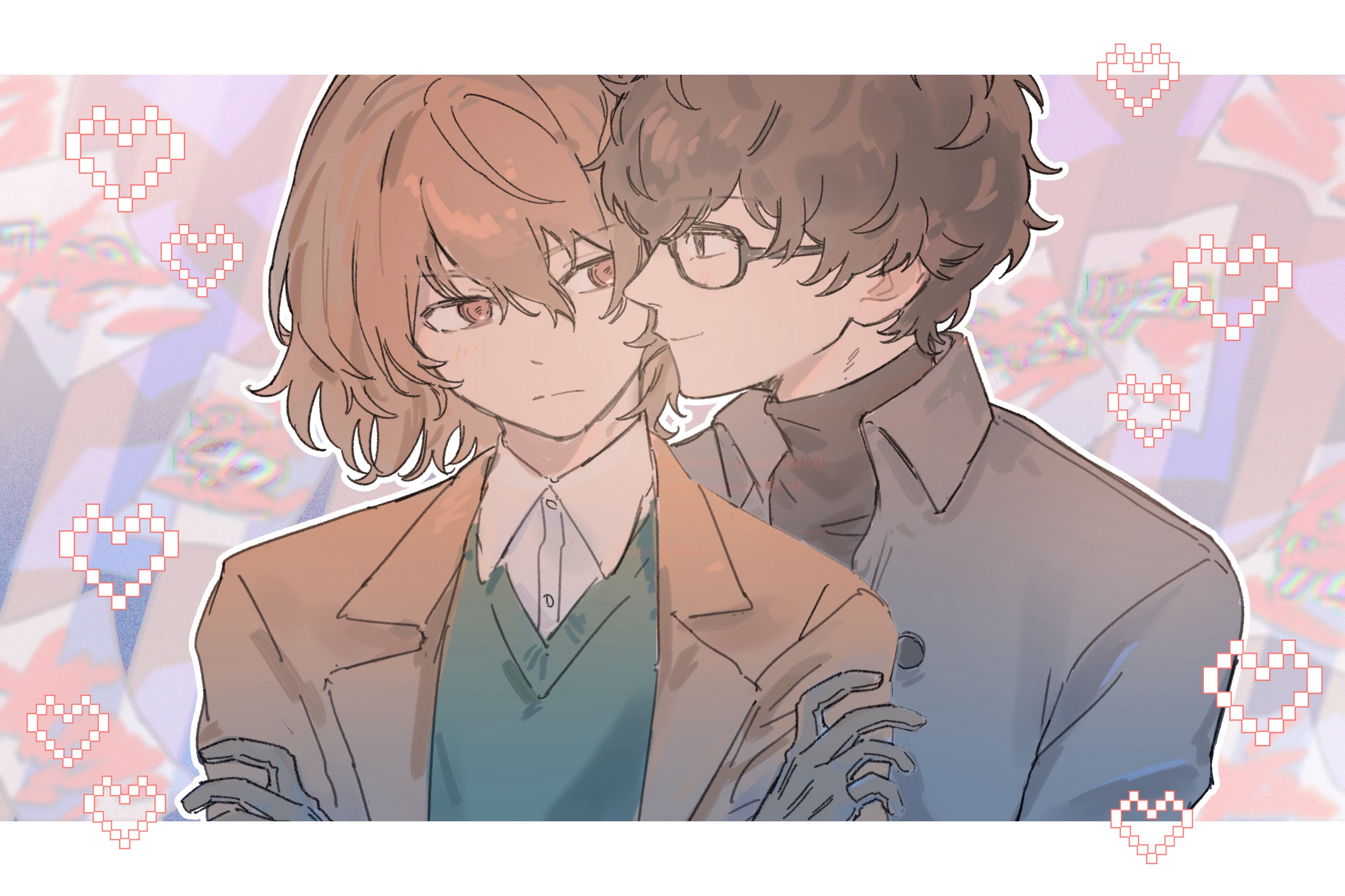 akechi gorou, amamiya ren, persona, persona 5, commentary request, highres, 2boys, black-framed eyewear, black gloves, black hair, black shirt, brown eyes, brown hair, closed mouth, collared jacket, collared shirt, eye contact, frown, glasses, gloves, gmnnyukun, grey jacket, heart, jacket, lapels, letterboxed, looking at another, looking to the side, male focus, multiple boys, notched lapels, pixel heart, shirt, short hair, smile, sweater vest, turtleneck, white shirt, wing collar, yaoi