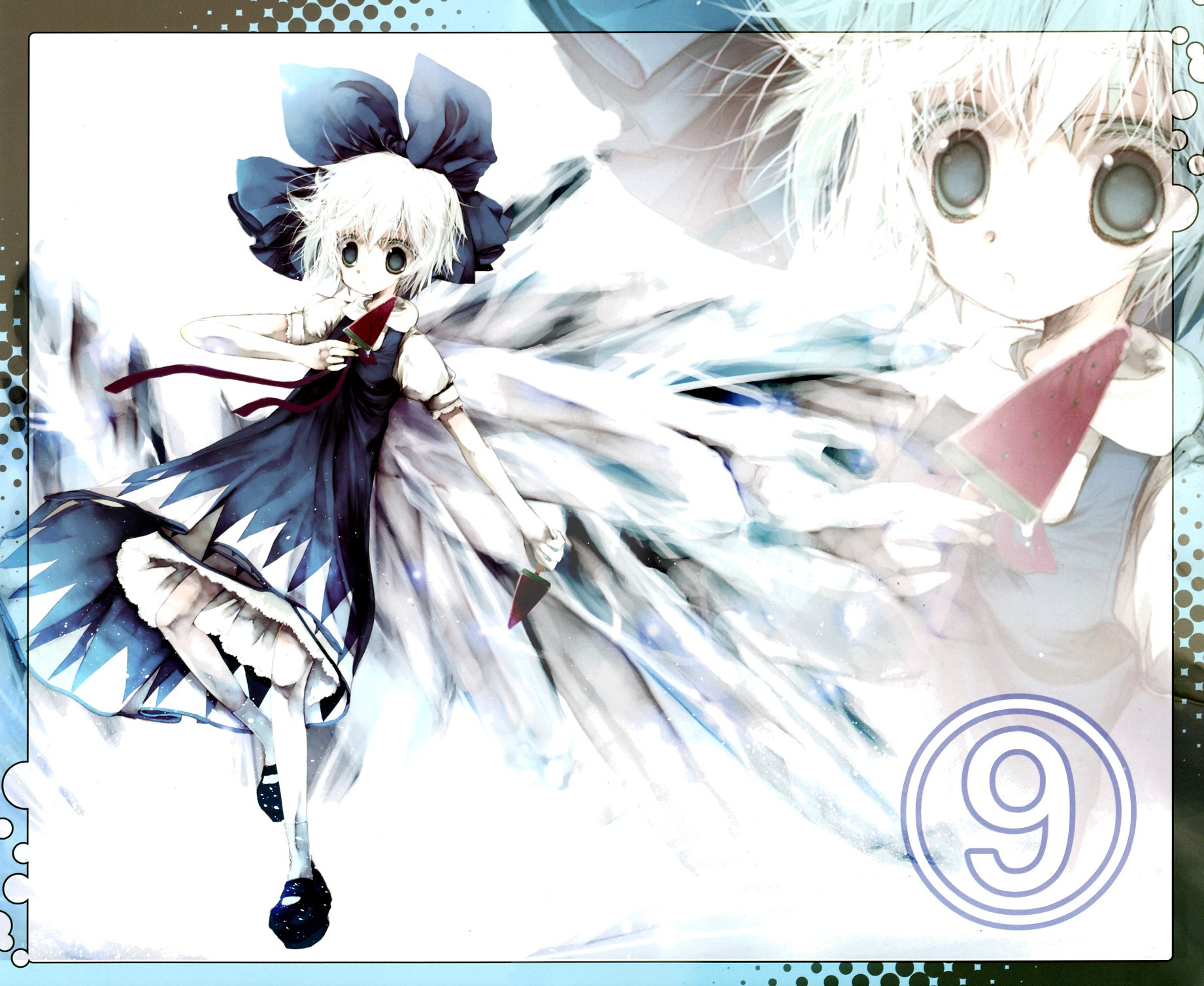 pearl oyster, cirno, phantasmagoria of flower view, touhou, highres, 1girl, blue hair, circled 9, dress, female focus, food, popsicle, short hair, solo, watermelon bar, white background, zoom layer