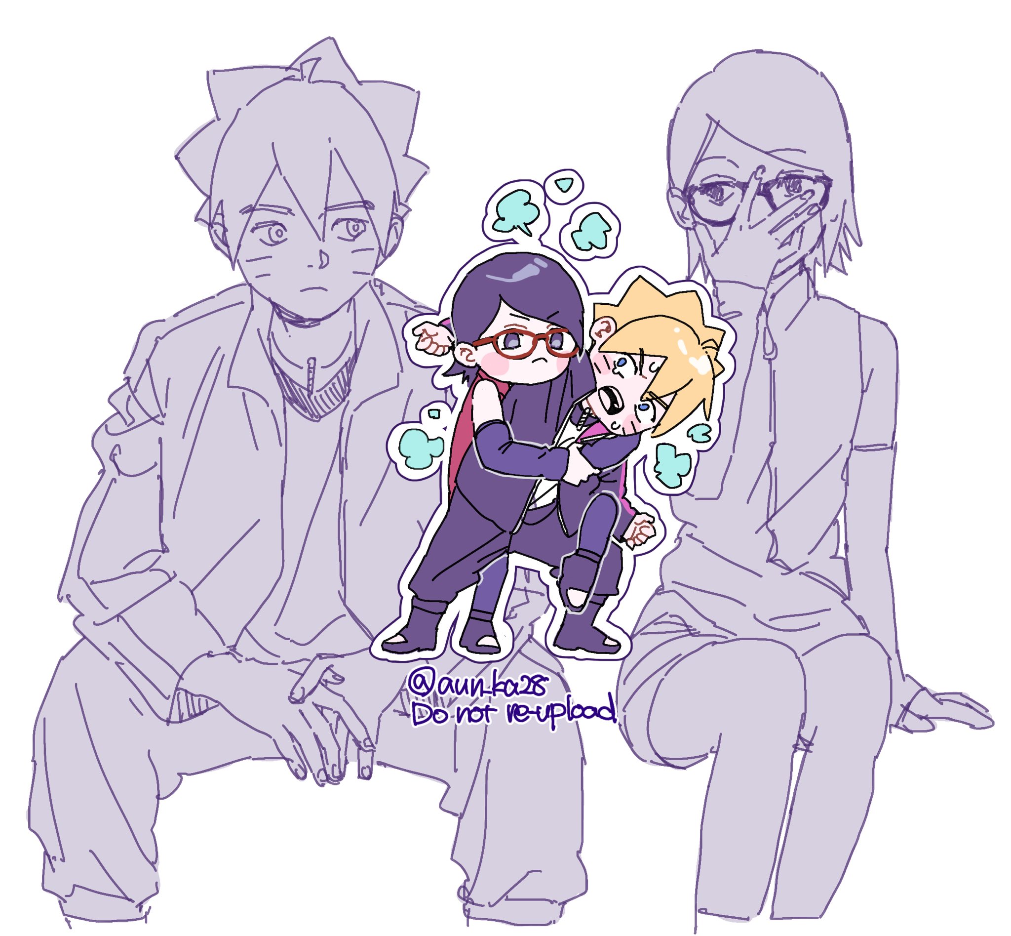 onka (aun ka28), uchiha sarada, uzumaki boruto, boruto: naruto next generations, naruto (series), commentary request, highres, 1boy, 1girl, adjusting eyewear, black eyes, black hair, blonde hair, blue eyes, blush stickers, detached sleeves, facial mark, frown, glasses, jacket, jewelry, necklace, open-toe shoes, open mouth, pants, partially colored, red-framed eyewear, short hair, sitting, sleeves past wrists, sweat, twitter username, watermark, whisker markings