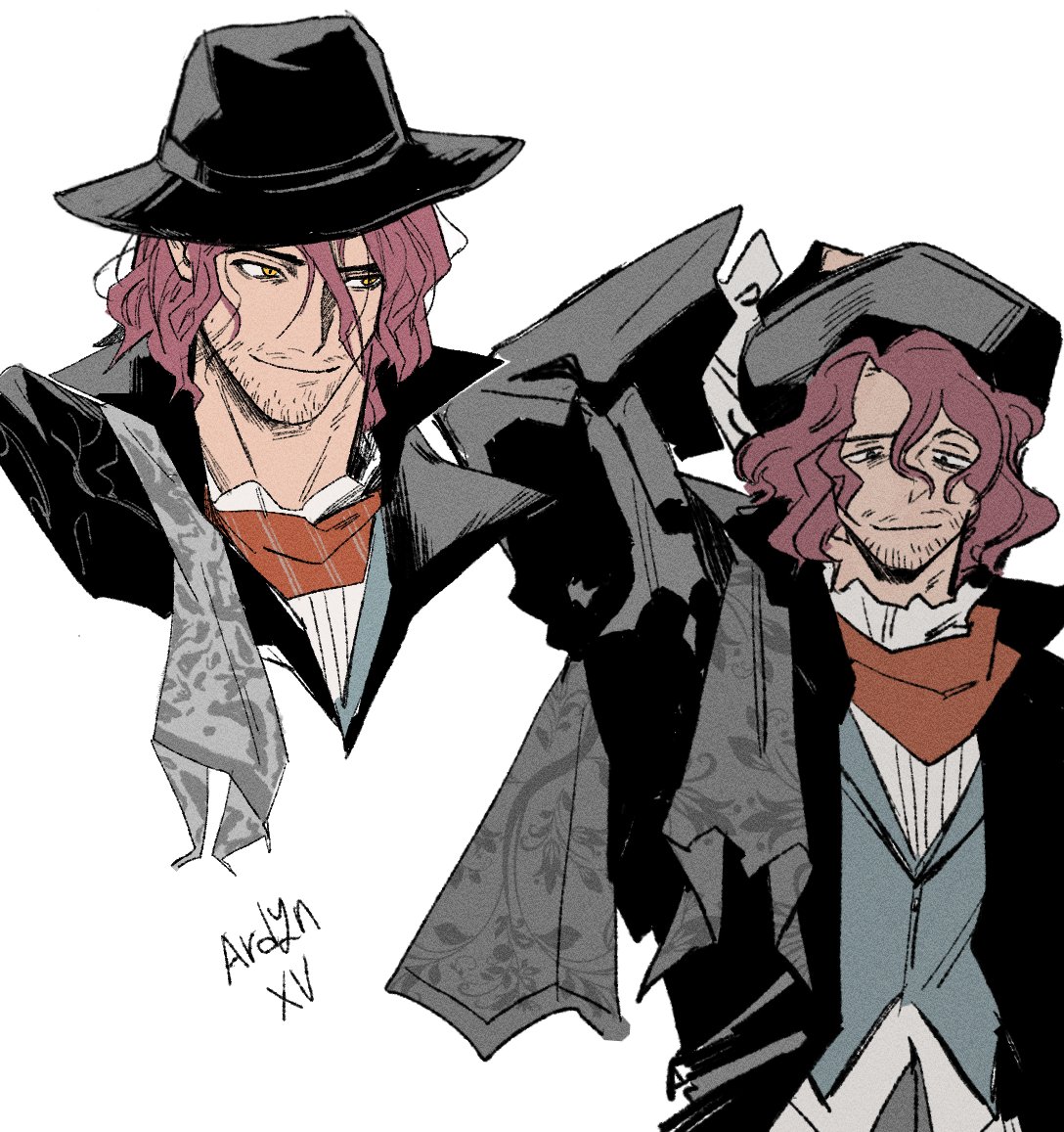 garbage paper, ardyn izunia, final fantasy, final fantasy xv, 1boy, bags under eyes, beard stubble, black hat, black jacket, brown hair, character name, facial hair, grey scarf, grey vest, hair between eyes, hand on headwear, hat, jacket, male focus, medium hair, multiple views, neckerchief, red neckerchief, scarf, shirt, smirk, solo, stubble, upper body, vest, wavy hair, white background, white shirt, yellow eyes