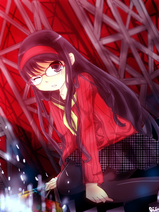 riisu (aquamilk), amagi yukiko, atlus, persona, persona 4, bad id, bad pixiv id, black hair, glasses, hand fan, long hair, one eye closed, pantyhose, school uniform, solo, wink