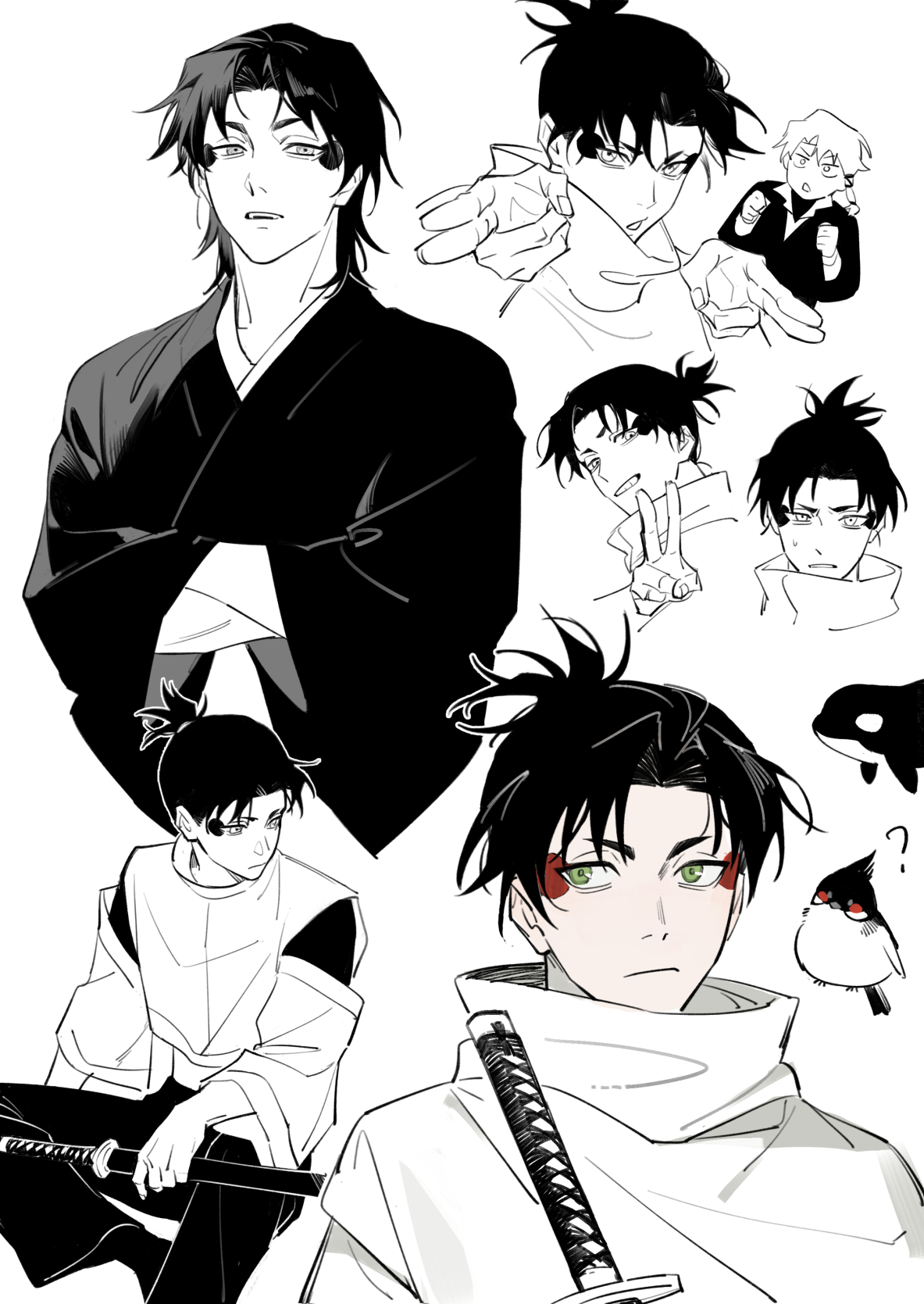 yi (826805607), sazanami hakuri, uruha youji, kagurabachi, chinese commentary, commentary, highres, 2boys, bird, black hair, crossed arms, curtained hair, forehead, green eyes, japanese clothes, katana, kimono, makeup, male focus, multiple boys, multiple views, orca, parted bangs, partially colored, sheath, sheathed, short eyebrows, short hair, simple background, smile, solo focus, sword, turtleneck, v, weapon