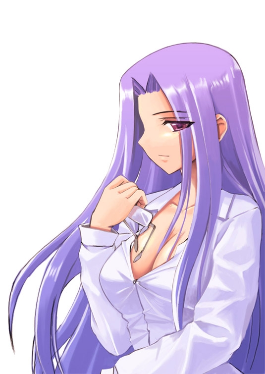 namonashi, medusa (fate), medusa (rider) (fate), fate/stay night, fate (series), 00s, 1girl, breasts, cleavage, female focus, glasses, holding, holding removed eyewear, large breasts, long hair, purple eyes, purple hair, simple background, smile, solo, square pupils, unbuttoned, unworn eyewear, very long hair