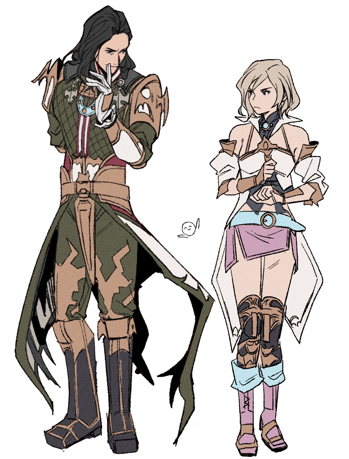 garbage paper, ashelia b'nargin dalmasca, vayne carudas solidor, final fantasy, final fantasy xii, highres, 1boy, 1girl, armor, armored boots, bare shoulders, black boots, black hair, blonde hair, boots, breasts, detached sleeves, full body, gloves, gold trim, long hair, medium breasts, miniskirt, pink boots, pink skirt, short hair, shoulder armor, skirt, standing, swept bangs, waist cape, wavy hair, white background, white gloves