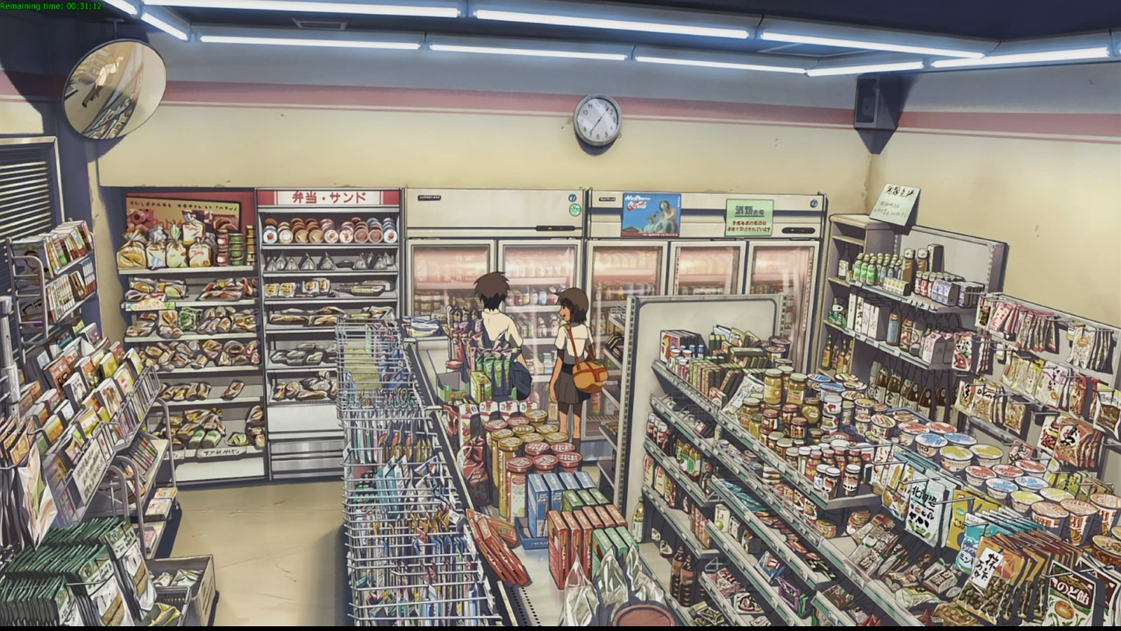 shinkai makoto, sumita kanae, toono takaki, byousoku 5 centimeter, anime screenshot, highres, 1boy, 1girl, absurdly detailed composition, bag, brown hair, clock, convenience store, indoors, loaded interior, mirror, photorealistic, realistic, room, shop, short hair, skirt, standing, wall clock