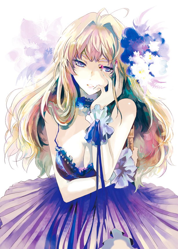 sauna (sauna d), sheryl nome, macross, macross frontier, bad id, bad pixiv id, 00s, 1girl, applying manicure, bare shoulders, blonde hair, blue eyes, breasts, choker, cleavage, collar, covering face, covering privates, dress, female focus, fingernails, flower, frills, gathers, lace, long fingernails, long hair, microphone, nail art, nail polish, solo, wrist cuffs