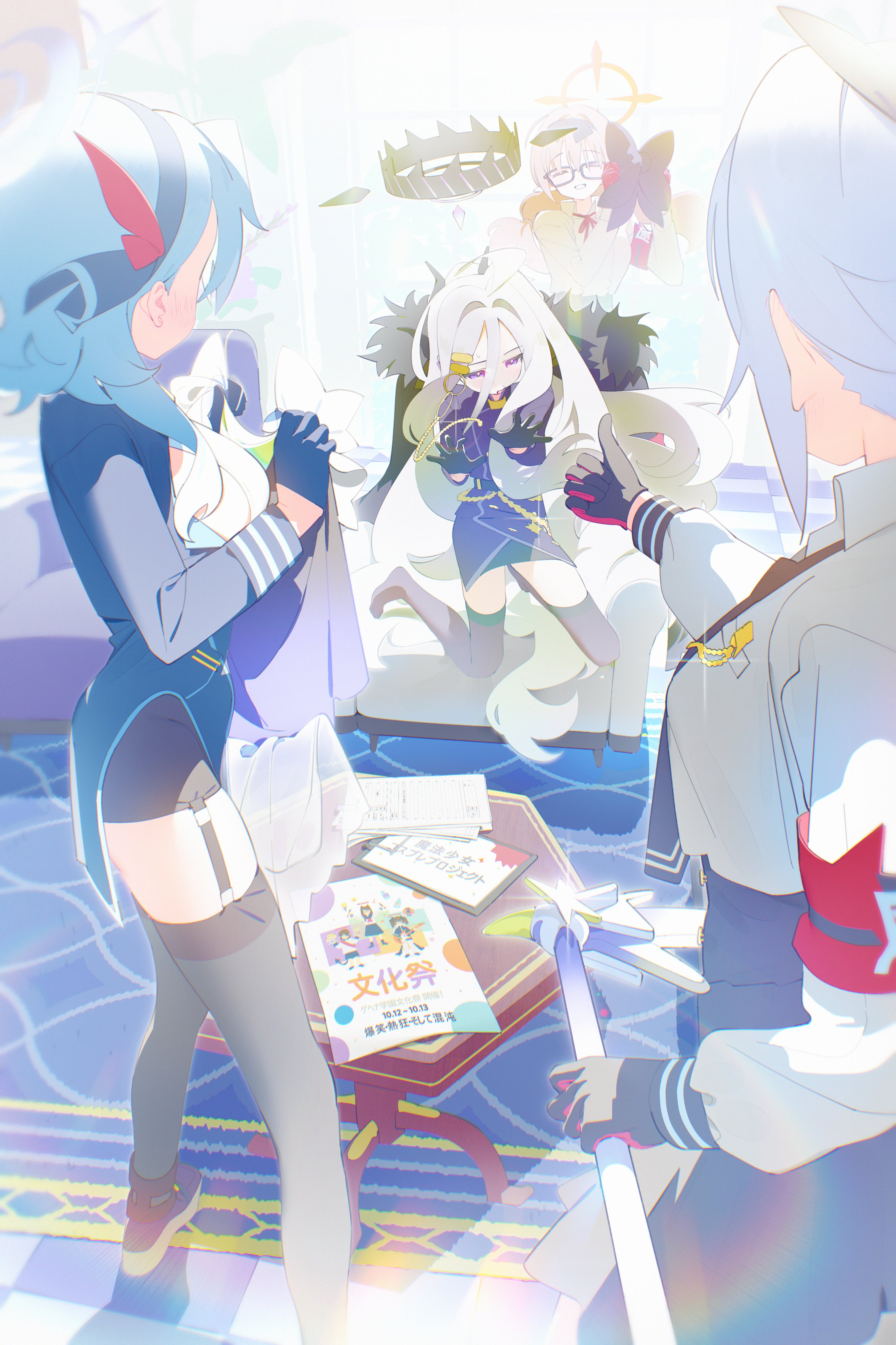 bm tol, ako (blue archive), chinatsu (blue archive), hina (blue archive), iori (blue archive), blue archive, absurdres, highres, 4girls, ahoge, black coat, black gloves, black halo, blue hair, breasts, coat, coat on shoulders, demon girl, demon horns, demon wings, glasses, gloves, grey hair, halo, horns, indoors, long hair, medium hair, multiple girls, orange hair, prefect team (blue archive), small breasts, standing, table, very long hair, white hair, wings