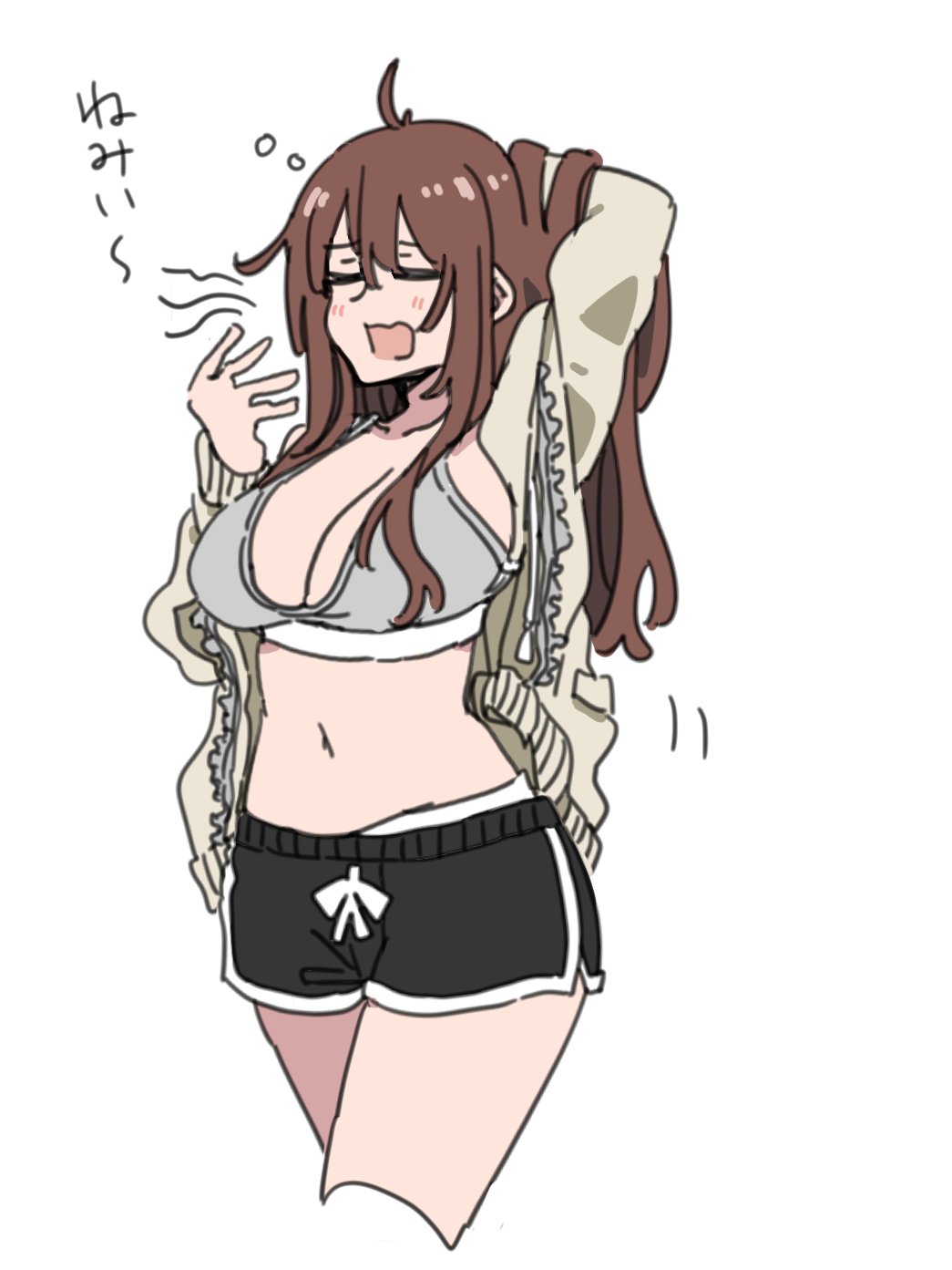 durindana 7, original, highres, tagme, 1girl, blush, breasts, brown hair, closed eyes, dolphin shorts, grey sports bra, hair lift, large breasts, open clothes, open mouth, rina (durindana 7), shorts, solo, sports bra, yawning, zipper