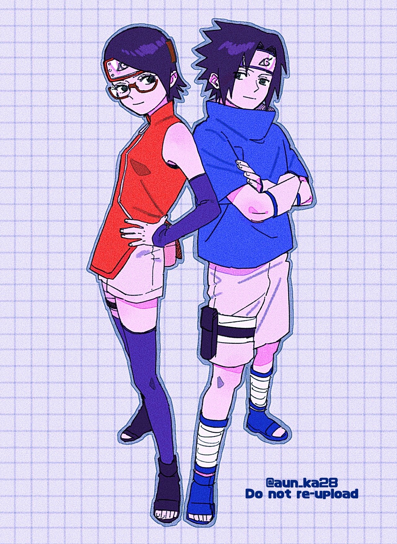 onka (aun ka28), uchiha sarada, uchiha sasuke, boruto: naruto next generations, naruto (classic), naruto (series), commentary request, highres, 1boy, 1girl, black eyes, black hair, black shoes, black thighhighs, blue shoes, crossed arms, detached sleeves, forehead protector, hand on own hip, konohagakure symbol, open-toe shoes, shoes, short hair, short shorts, shorts, sleeves past wrists, thighhighs, time paradox, twitter username, watermark