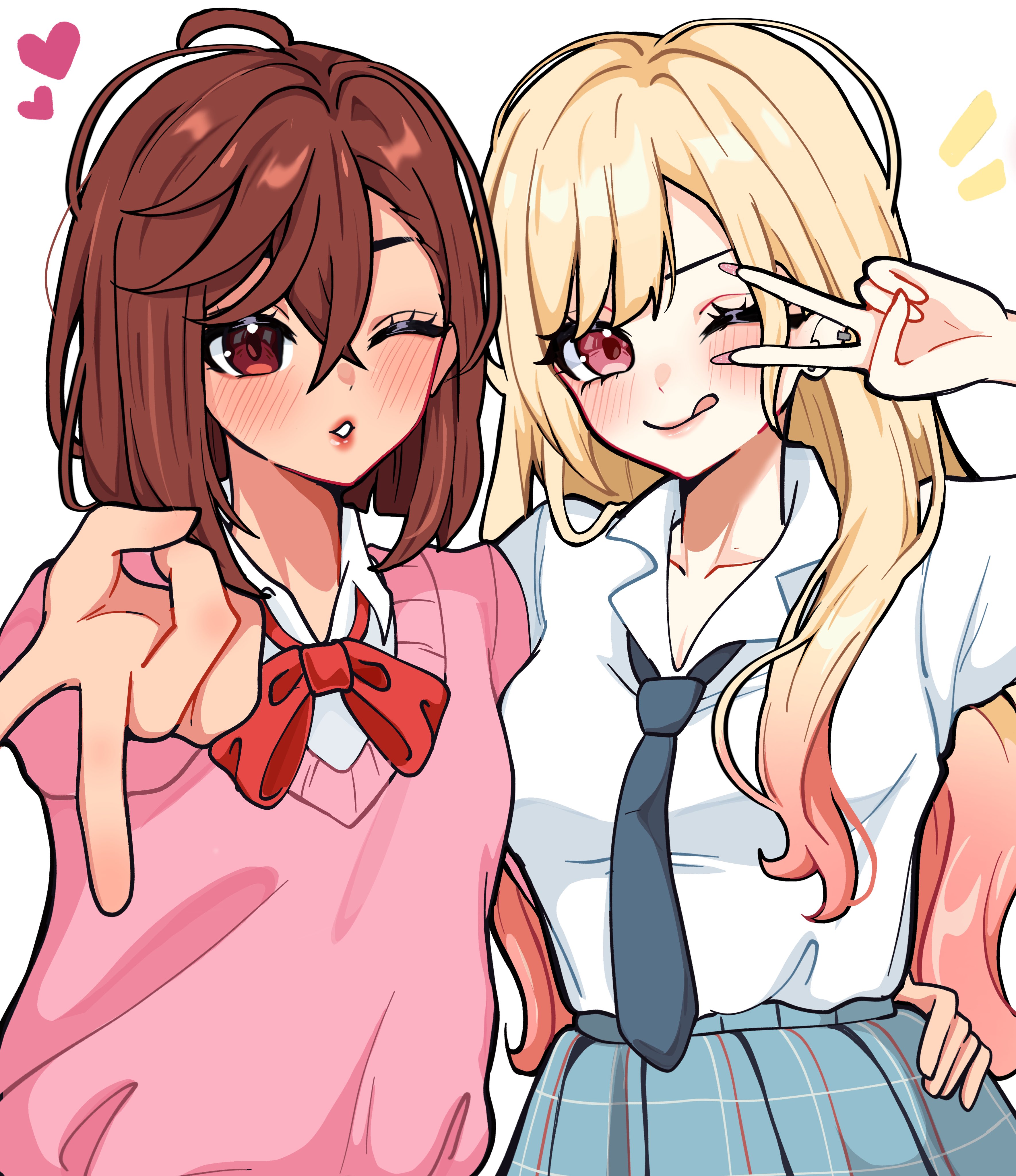 miovartz, ayase momo, kitagawa marin, dandadan, sono bisque doll wa koi wo suru, absurdres, highres, 2girls, ahoge, arm around waist, black necktie, blonde hair, blue skirt, blush, bow, bowtie, breasts, brown eyes, brown hair, collared shirt, colored tips, crossed bangs, earrings, hair between eyes, jewelry, long hair, medium breasts, medium hair, multicolored hair, multiple girls, necktie, one eye closed, parted lips, pink eyes, pink hair, pink sweater, plaid clothes, plaid skirt, red bow, red bowtie, school uniform, shirt, shirt under sweater, skirt, sweater, tongue, tongue out, upper body, v, white background, white shirt