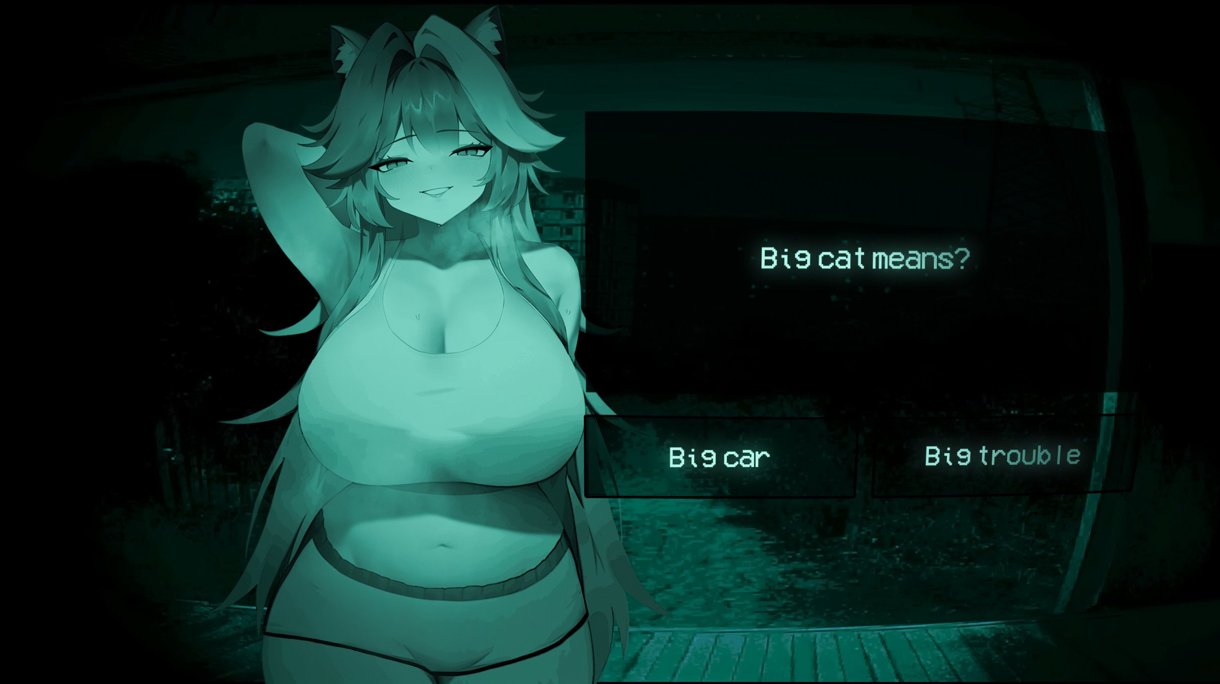 rieko (kuusairieko), raora panthera, hololive, hololive english, no i'm not a human, highres, 1girl, animal ears, breasts, english text, large breasts, long hair, looking at viewer, multicolored hair, panther ears, panther girl, parody, solo, streaked hair, virtual youtuber