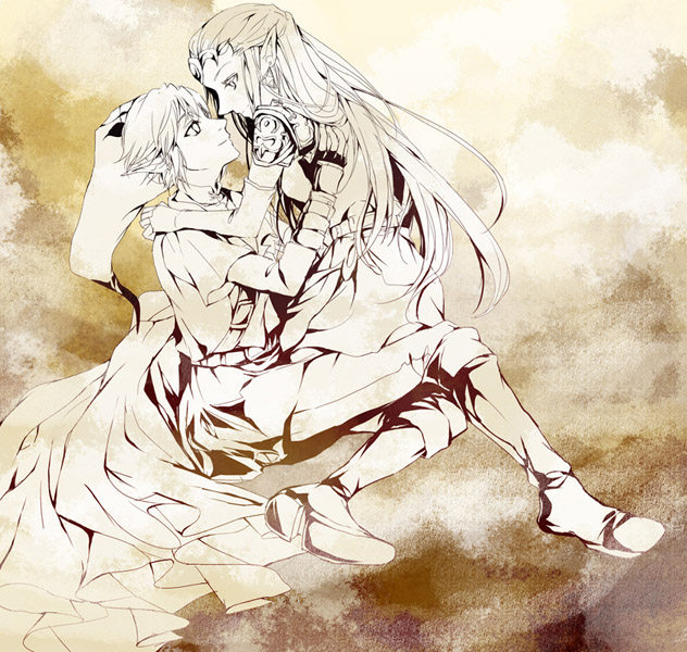 muse (rainforest), link, princess zelda, nintendo, the legend of zelda, 1boy, 1girl, brown theme, couple, eye contact, gloves, hat, hetero, long hair, looking at another, monochrome, pointy ears, smile