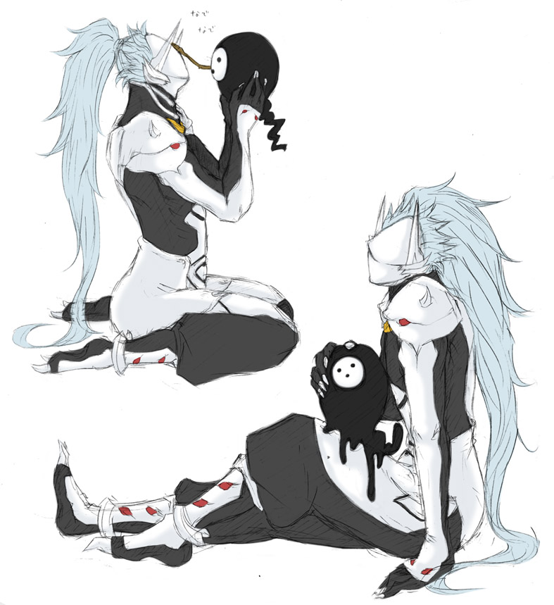 arakune, hakumen, arc system works, blazblue, blazblue: calamity trigger, 1boy, blue hair, carrying, long hair, male focus, mask, white background